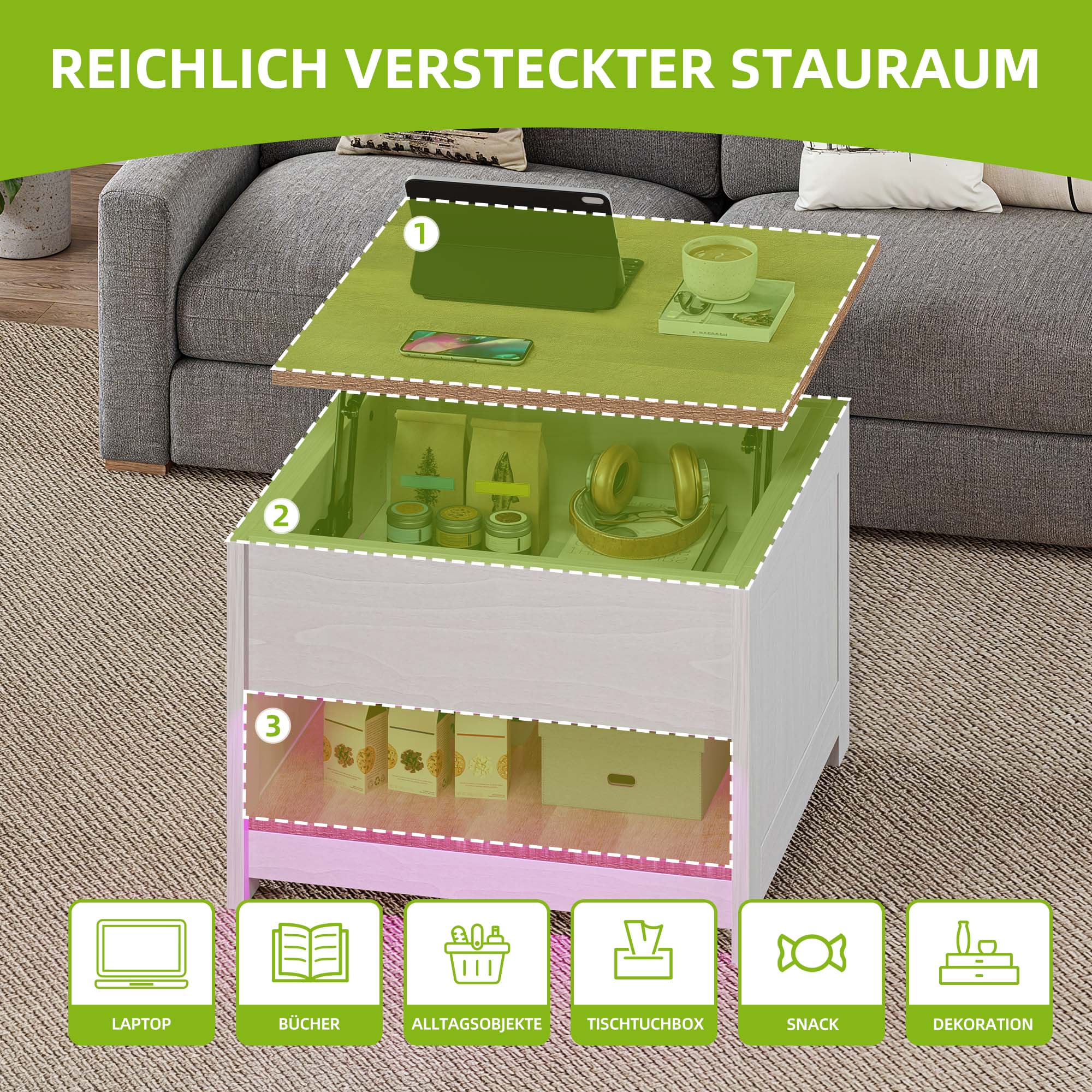 Balconera Table Basse Plateau Relevable-60x60x45cm-Beige+Blanc - 5