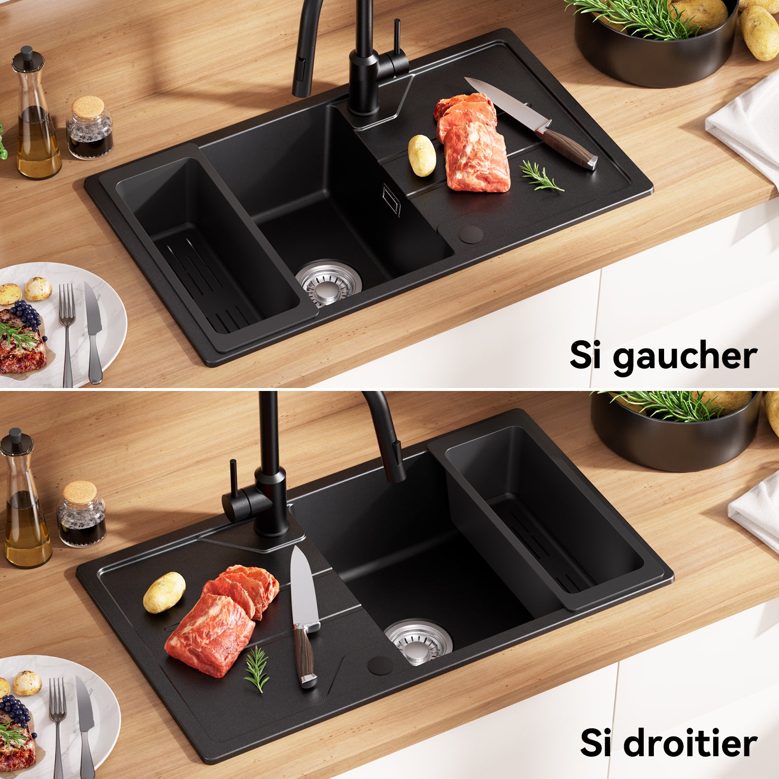 Évier de Cuisine en Granit Noir 78 x 45 cm, Évier 1 Bac, Évier à Encastrer avec Panier de Drainage, étagère, Quartz et Résine - 4