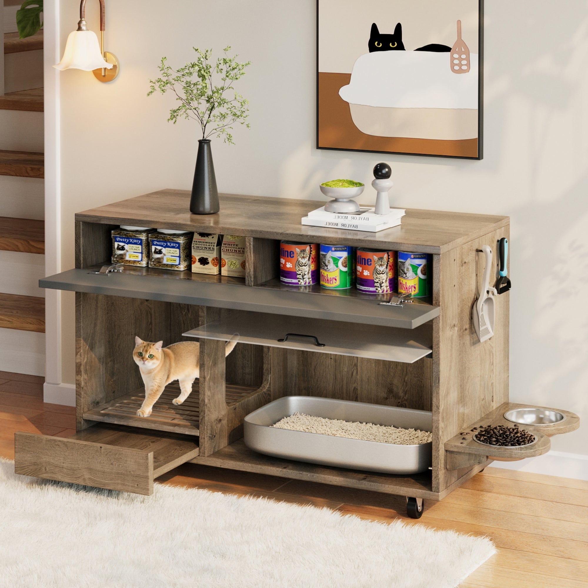 Szafka na kuwetę z 1 drzwiami, płytą odpływową na piasek i płytą z otworem na haczyk - 100 x 45,5 x 67 cm - MDF - Dąb