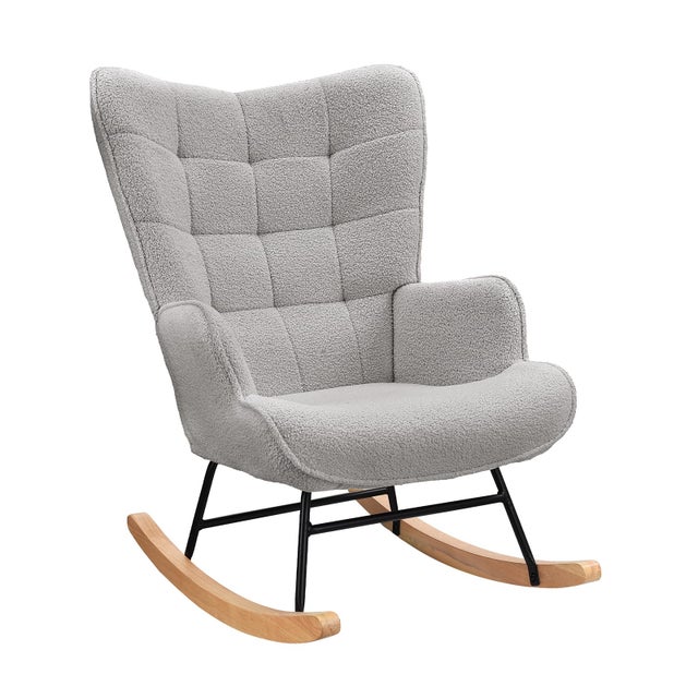 Fauteuil à bascule, d'allaitement, de salon, à bascule, avec structure en métal et base en bois, charge maximale:150 kg, tissu en peluche, Gris clair
