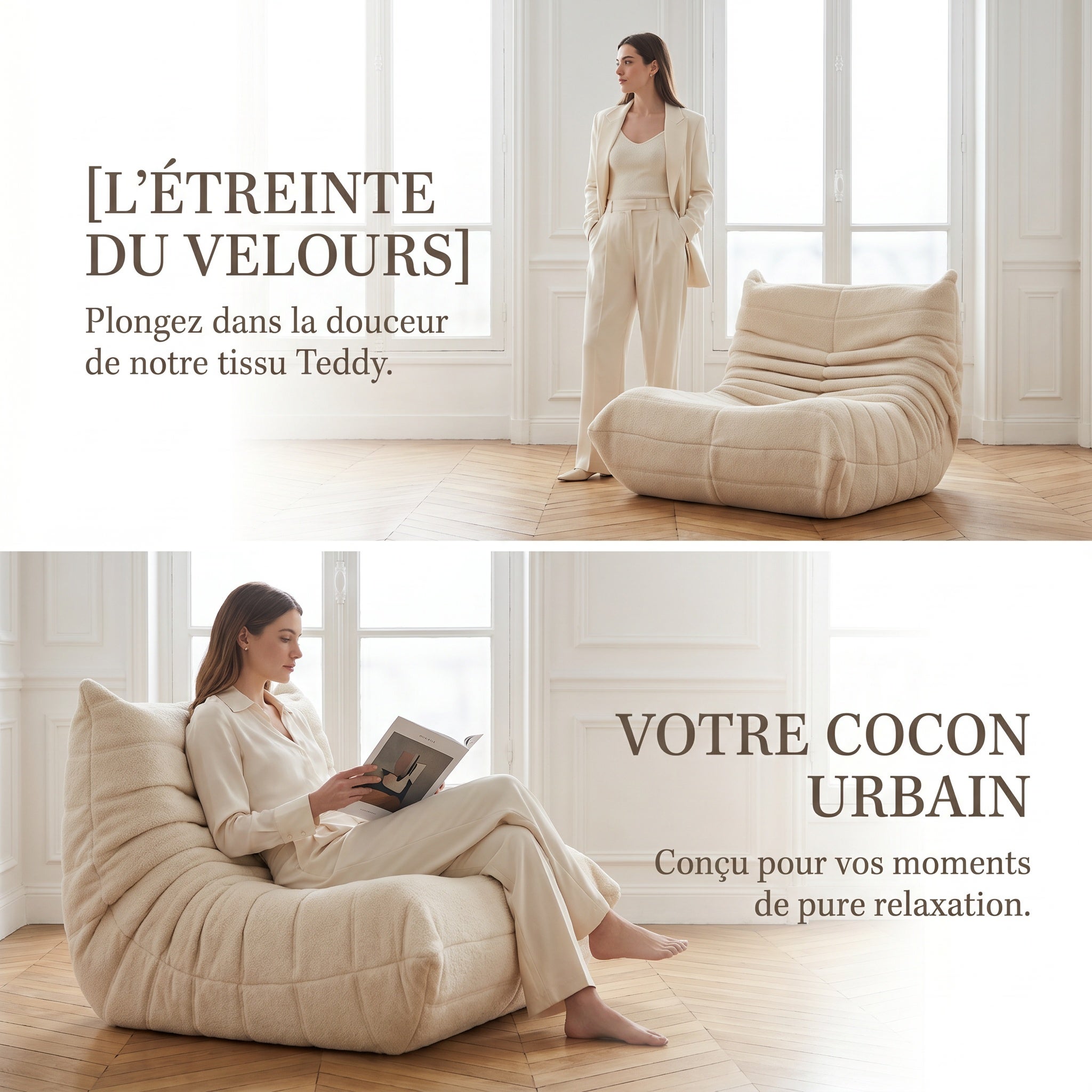 Pouf géant - Canapé de sol avec dossier - Fauteuil de lecture d'intérieur confortable XXL - Pour salon et chambre à coucher - 86 x 105 x 75 cm - Beige - 5