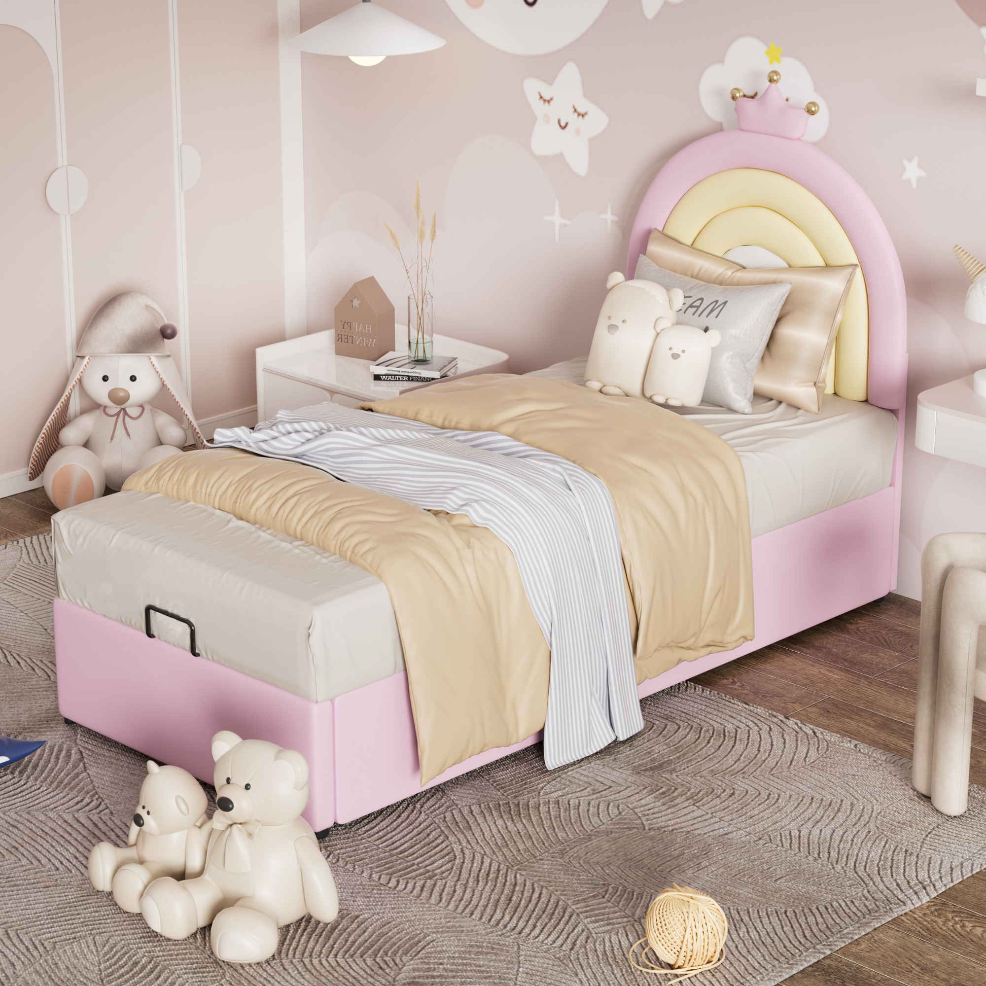 Łóżko dziecięce 90x200cm - z imitacji skóry - z regulowanym zagłówkiem - z listwową podstawą - Różowe