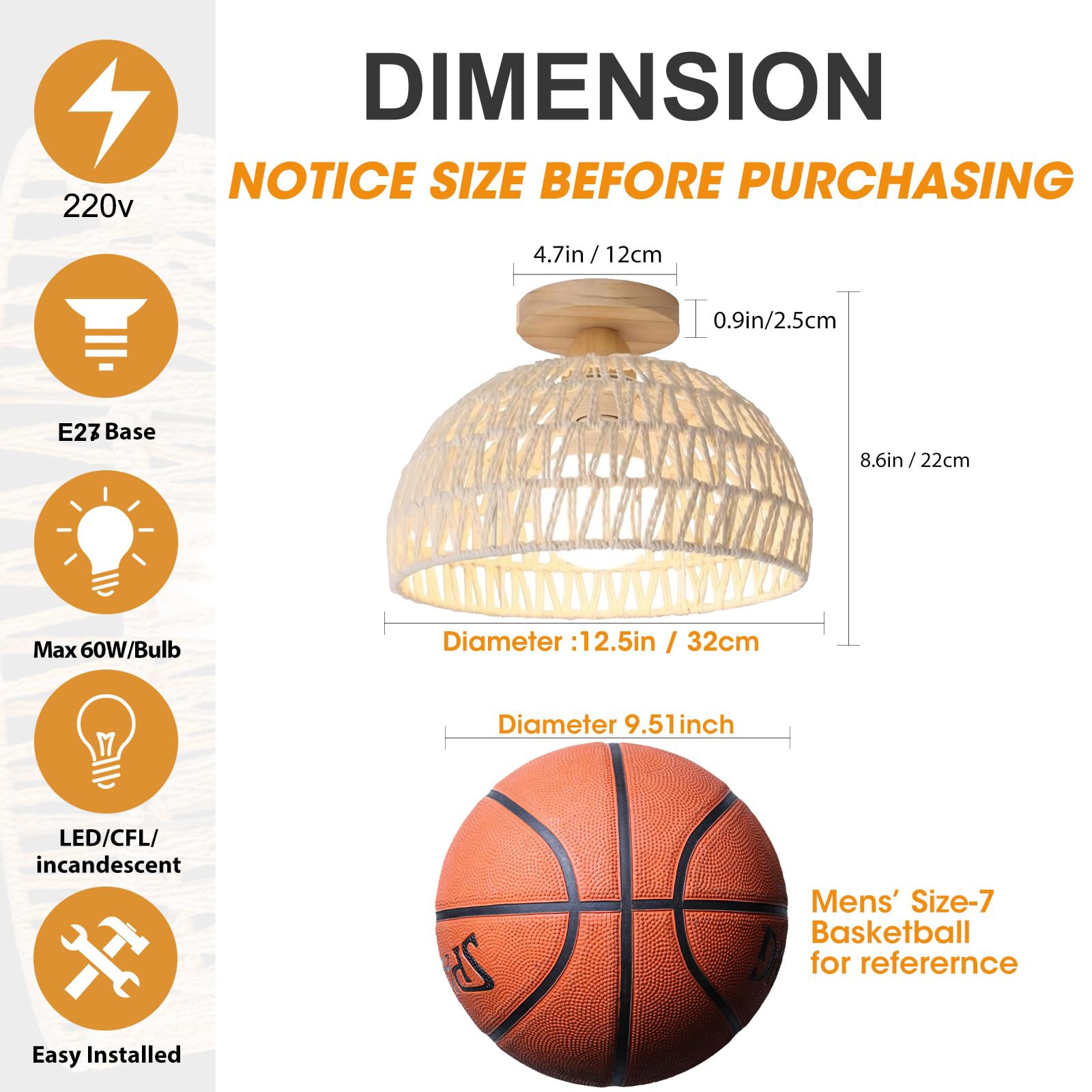 Lampa sufitowa z rattanu, żyrandol w stylu boho, ręcznie tkana lampa wisząca, żyrandol w stylu wabi-sabi do domu na wsi, sypialni, przedpokoju, holu - 4