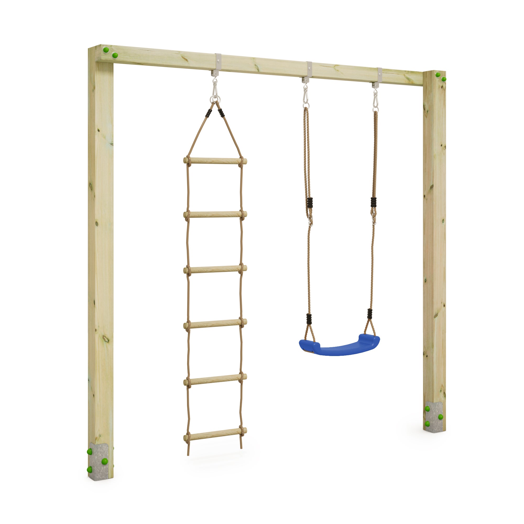 WICKEY Balançoire double Aero Star en bois avec 2 sièges réglables, structure compacte et accessoires bleus - 2