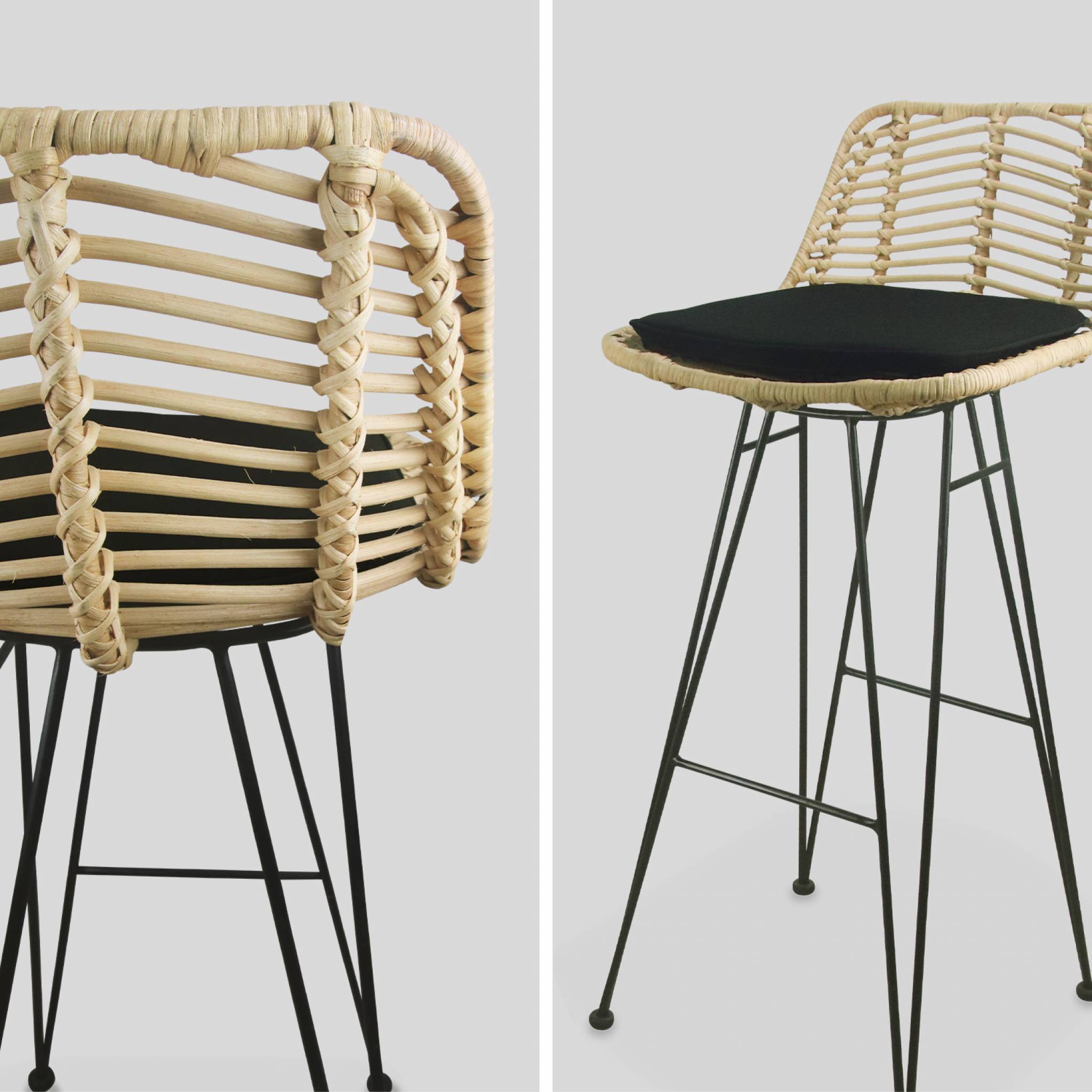 Lot de 2 tabourets de bar 75cm. métal et rotin. assise noir - Cahya CAHYA - 7