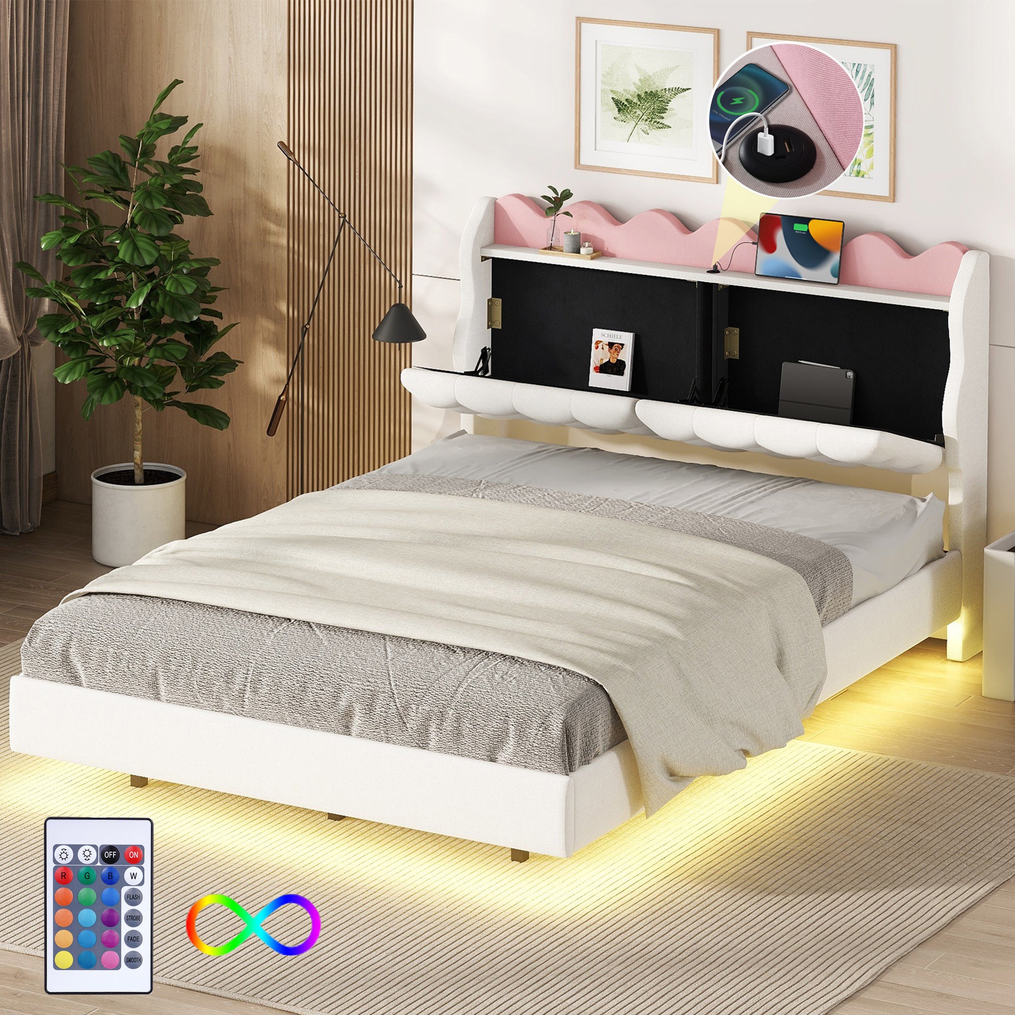Lit double 120x200cm - Avec lit gigogne 90x190cm - Avec LED + prise USB - Tête de lit avec rangement - Blanc Lit double 120x200cm - Avec lit gigogne 90x190cm - Avec LED + prise USB - Tête de lit avec rangement - Blanc