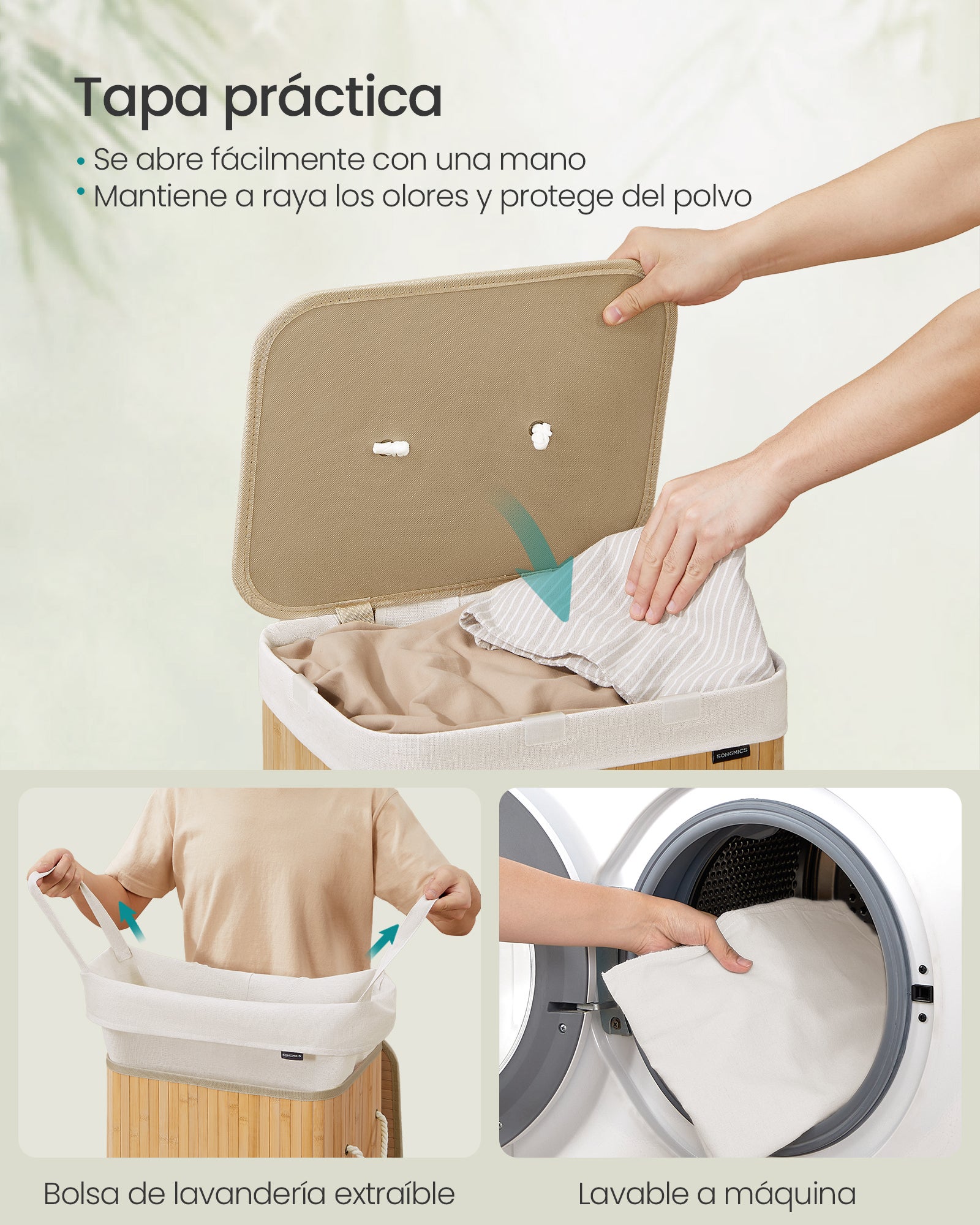 Cesto de la Ropa Sucia con Tapa, 72 L, Cesto de Lavandería de Bambú, Plegable, con Bolsa Lavable Extraíble, Asas, para Lavandería, Dormitorio, Natural - 3