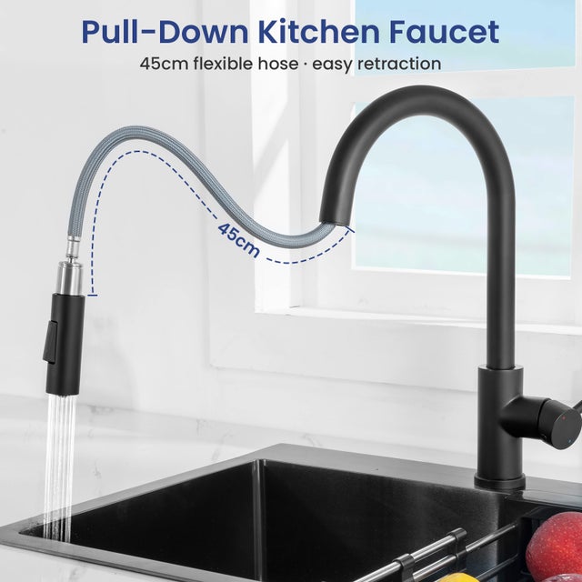Mitigeur de Cuisine avec Douchette Extractible Robinet de Cuisine avec 2 Types de Jet D'eau Robinet d'évier en Inox Noir