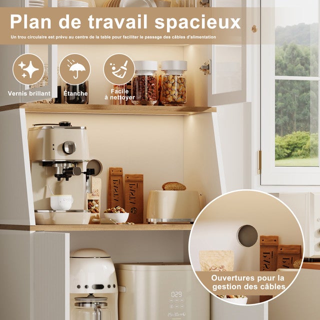 Armoire de Cuisine Colonne 180cm, Buffet avec Éclairage et Étagères Réglables, Plan de Travail et Portes en Verre Transparent, 70x40x180cm - 6