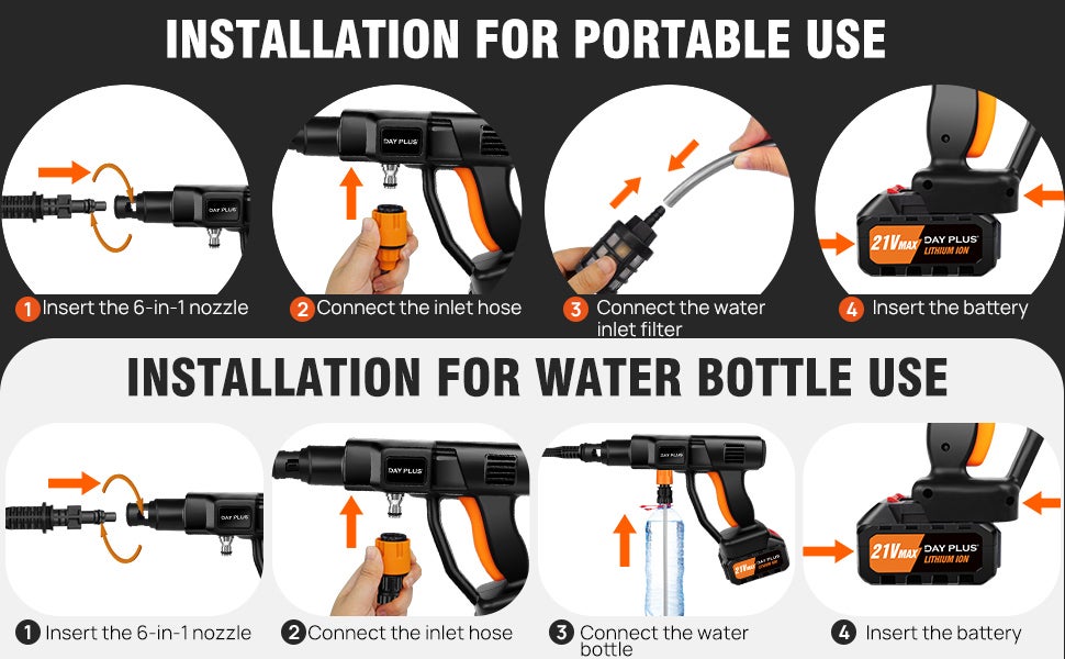 Laveur Haute Pression Sans Fil 45 Bars/652 PSI - 6 EN 1 21V 3.0Ah - Buse Multifonction & Tuyau 5m - Pour Voiture, Jardin & Maison - 9