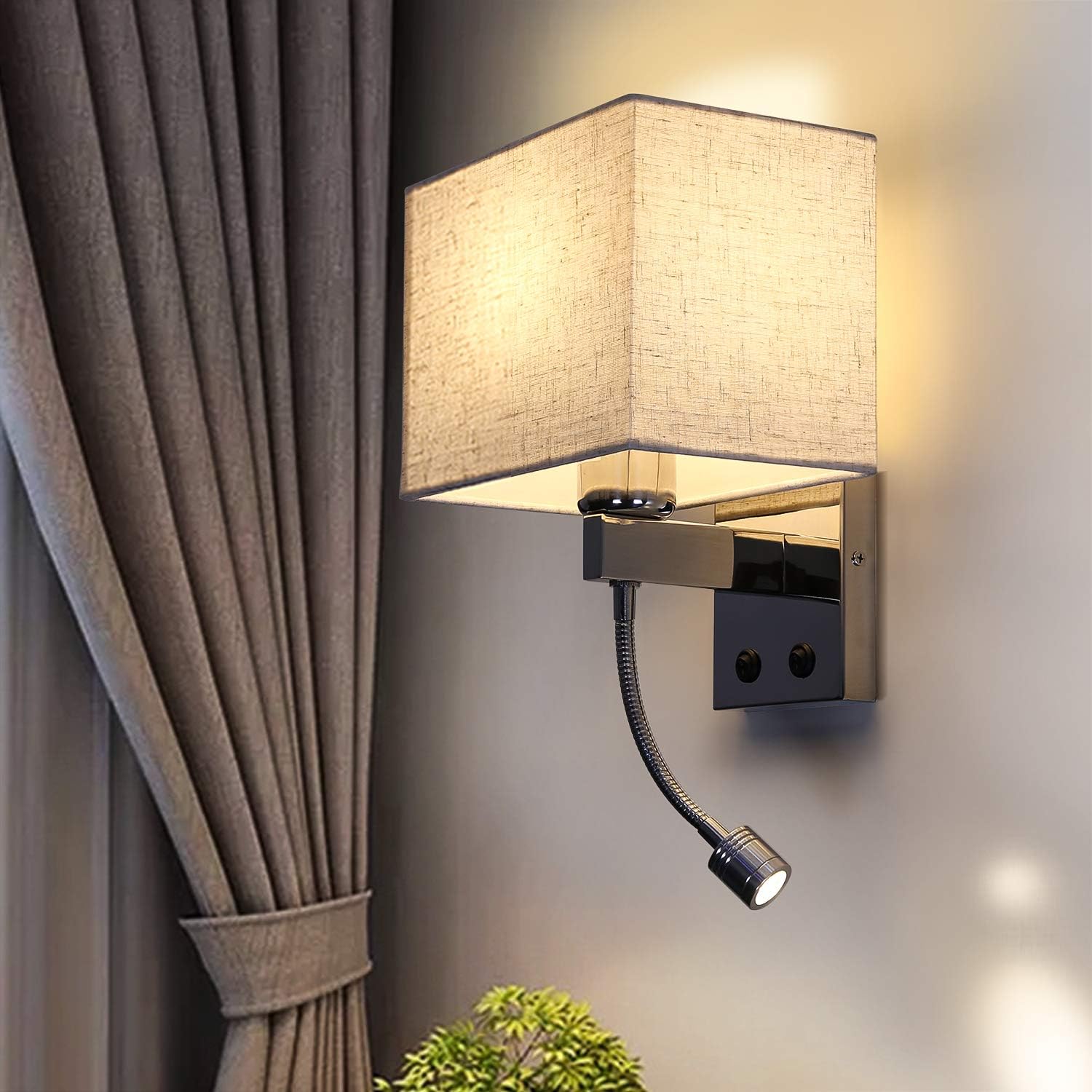 NETTLIFE Kinkiet do Czytania LED z Włącznikiem, Obrotowa Lampa Ścienna 360°, Abażur z Tkaniny E27 do Sypialni i Salonu