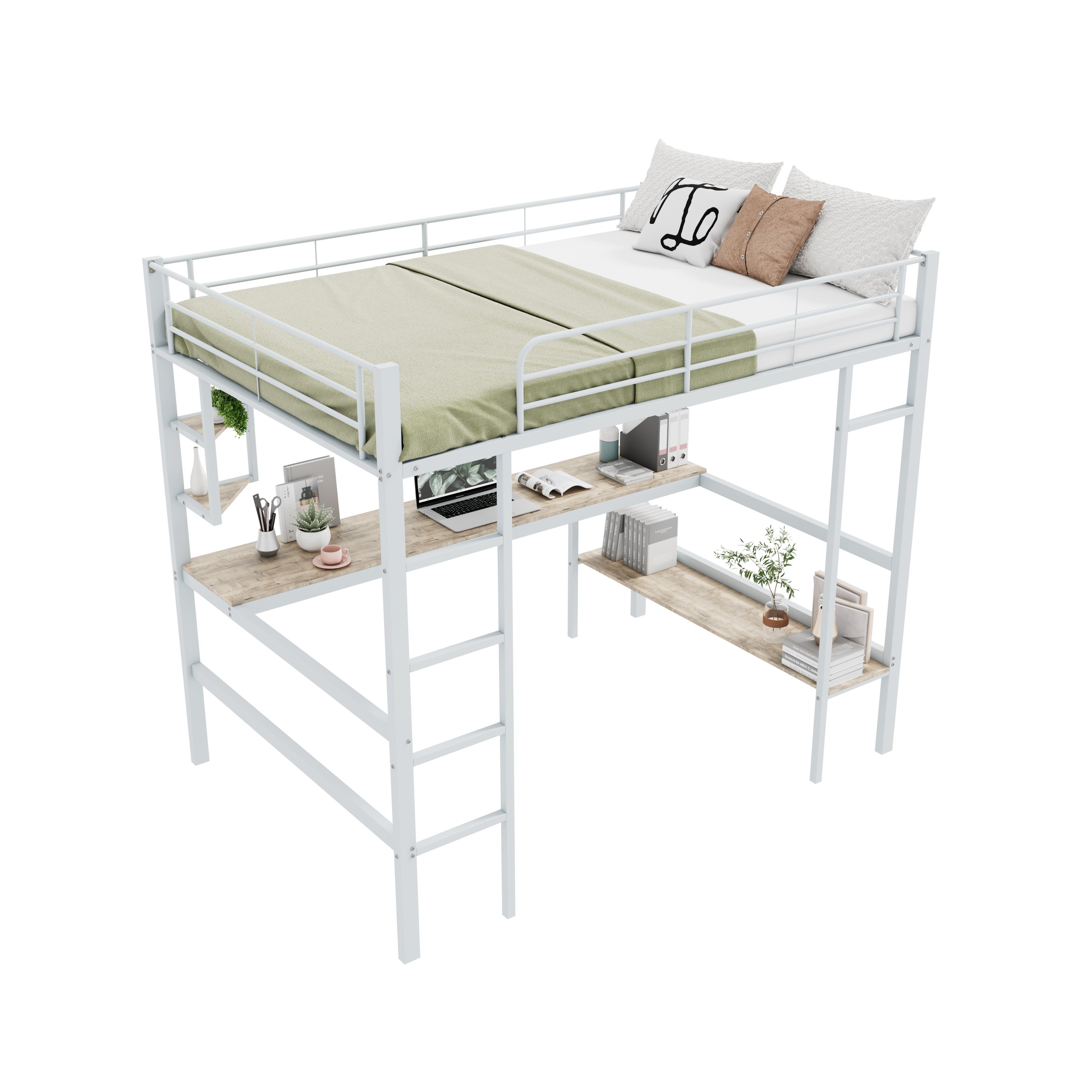 Letto a soppalco, struttura letto 140x200cm, letto in metallo, letto in ferro con scrivania, senza materasso, bianco - 4