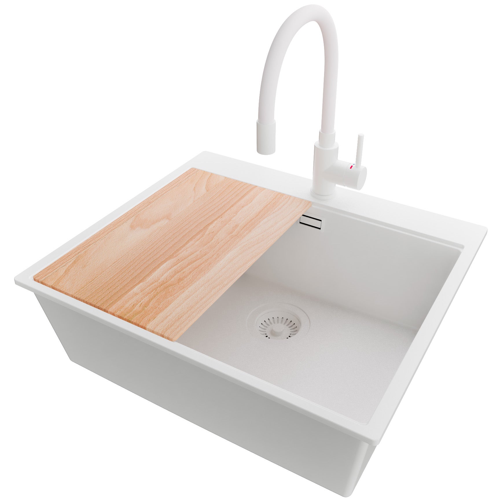 Zlewozmywak Granitowy Cały Biały 58x50cm, Zlew Kuchenny 1 Komorowy + Bateria 38x14cm + Syfon + Deska, Nablatowy do szafki od 60cm - Oslo PRIMAGRAN