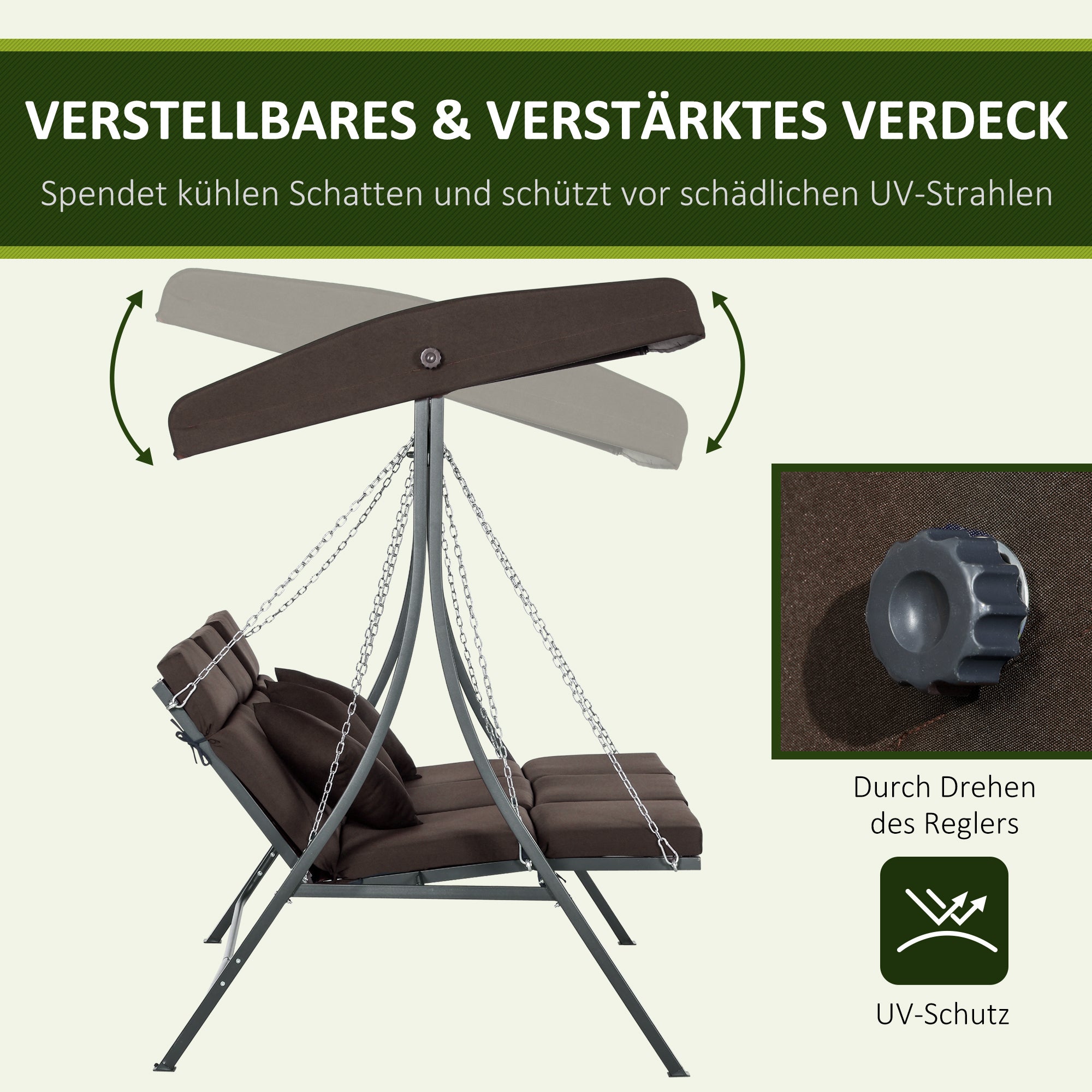 Cadeira de balanço 3 lugares 156x89x168 cm com telhado, almofadas, capacidade até 270 kg, estrutura de metal, marrom - 5