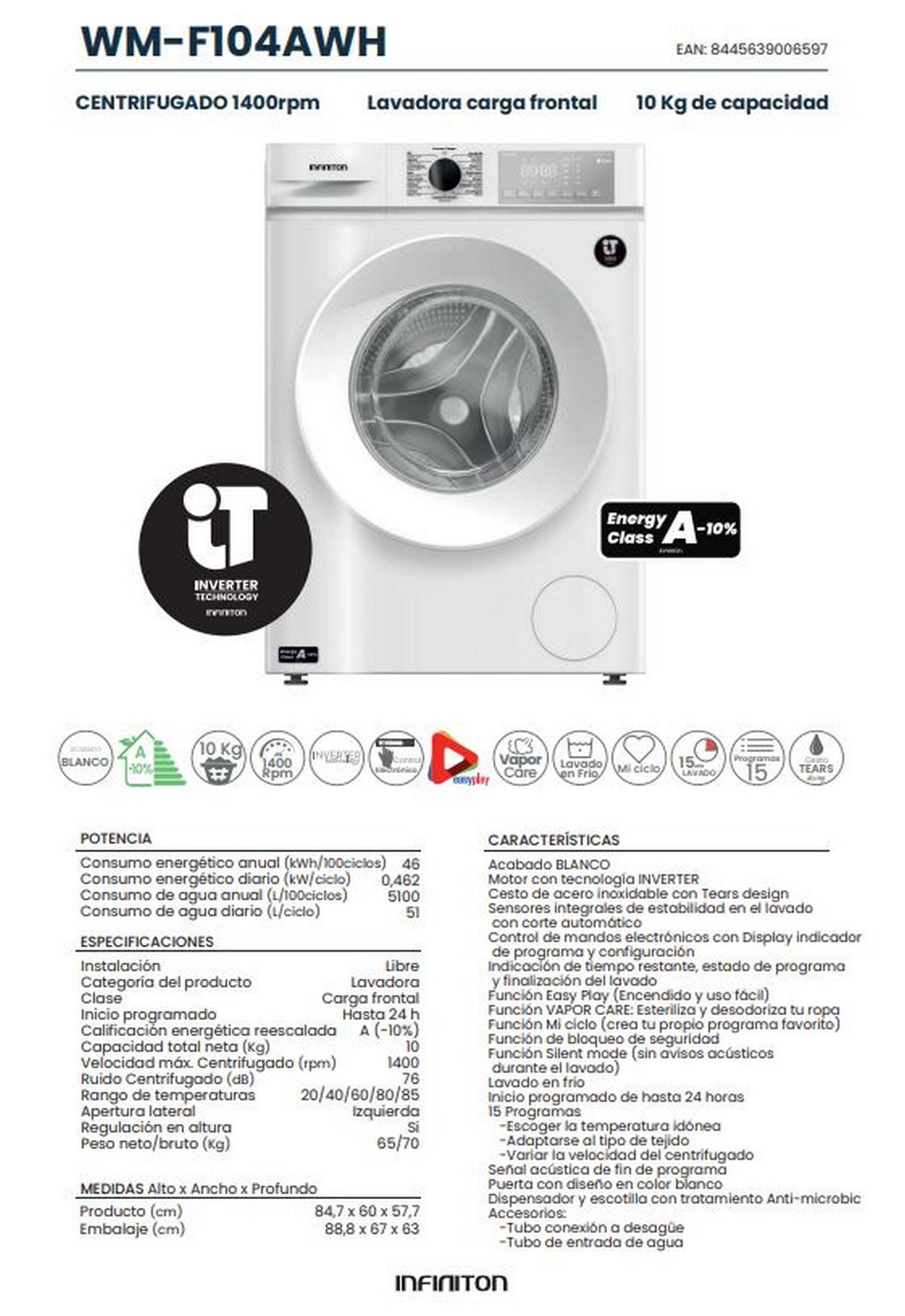 Máquina de Lavar Roupa de Carga Frontal Infiniton WM-F104AWH, 10 kg, 1400 rpm, 15 programas, Classe A, Branco - 7