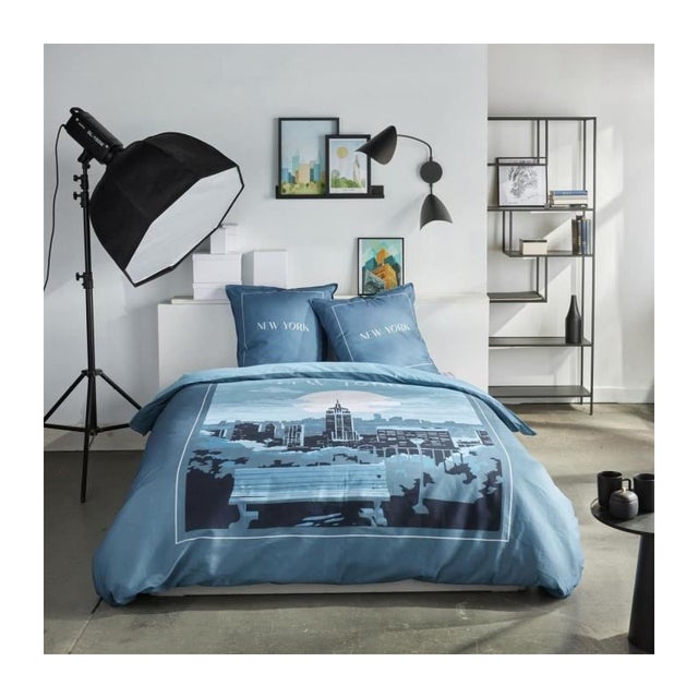 Parure de lit - TODAY - JAVA - 2 personnes - 240x220 cm - Coton - Imprimé New York - Bleu