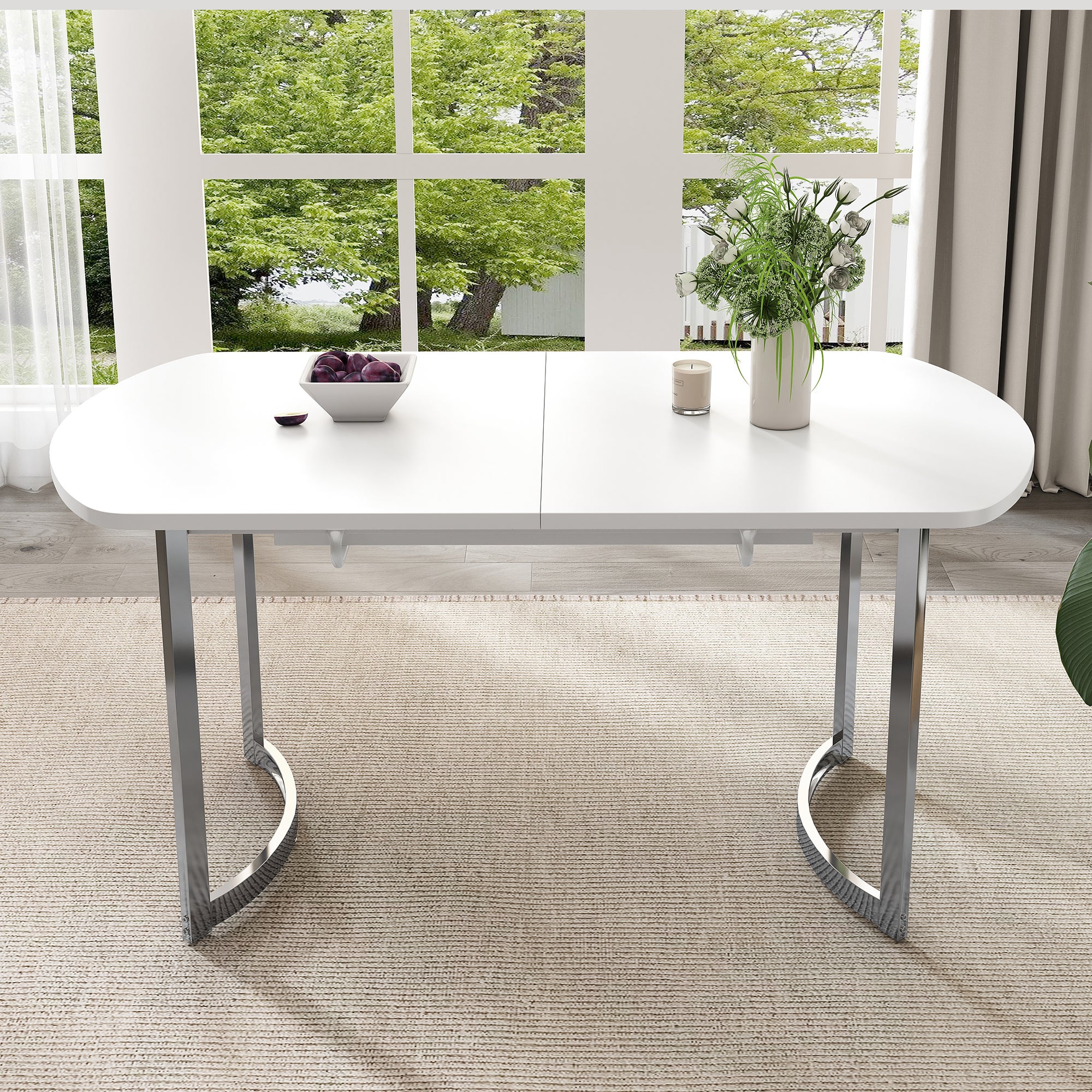 Mesa de comedor extensible de 140-180x80cm, color blanco y plata ...