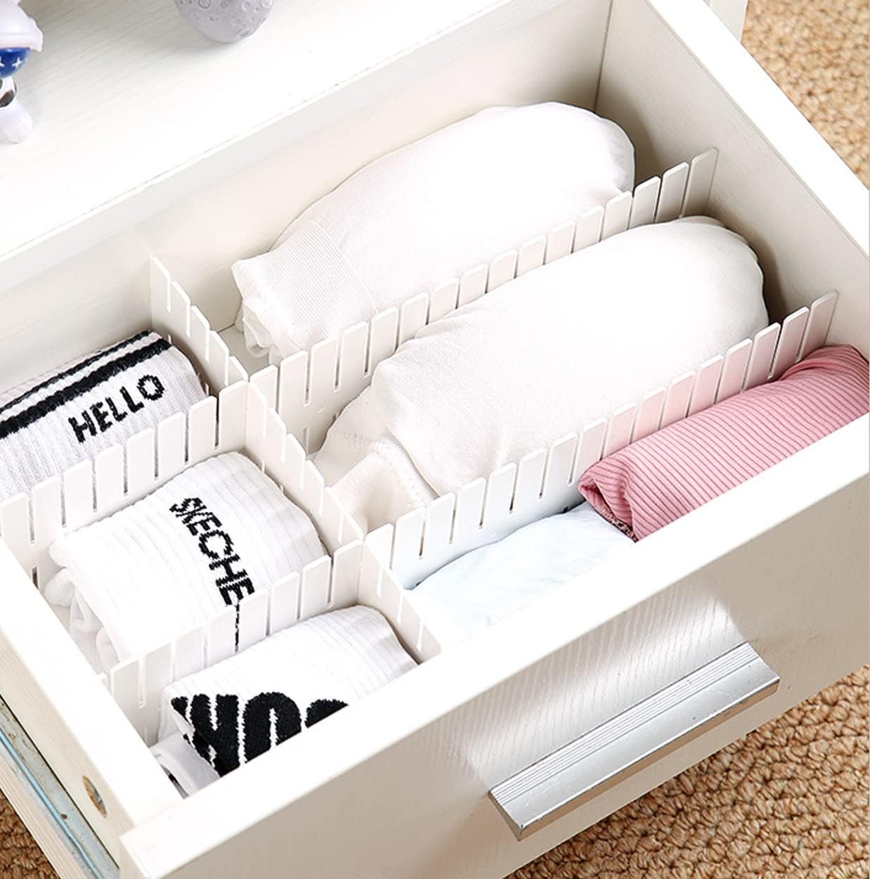 8 Divisori Regolabili Per Cassetti In Plastica PP, Organizer Per Calzini, Biancheria Intima, Cravatte E Accessori, Bianco, Misura 32,5x7 Cm - 5