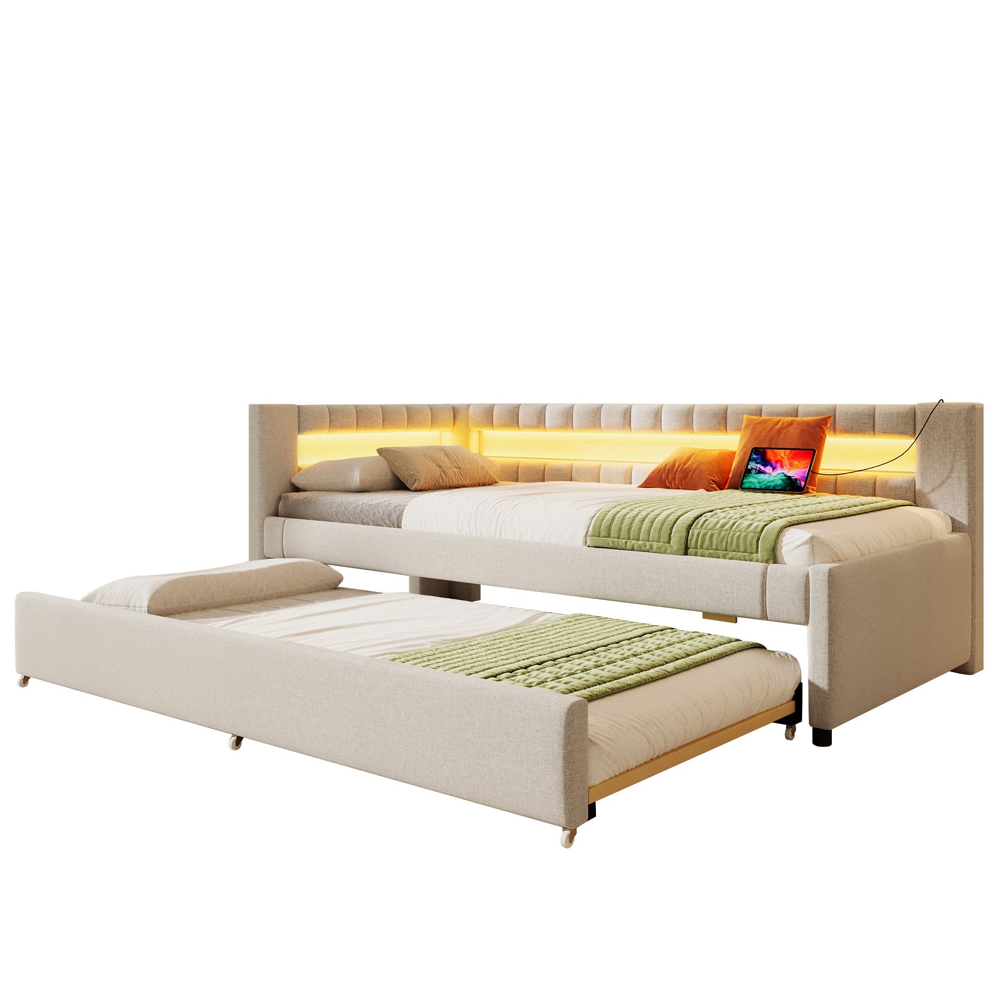 Łóżko wysuwane 90 x 200 cm + 90 x 190 cm z zagłówkiem - Ładowanie USB i typu C oraz diody LED - Tkanina lniana - Beżowy (bez materaca) - 8