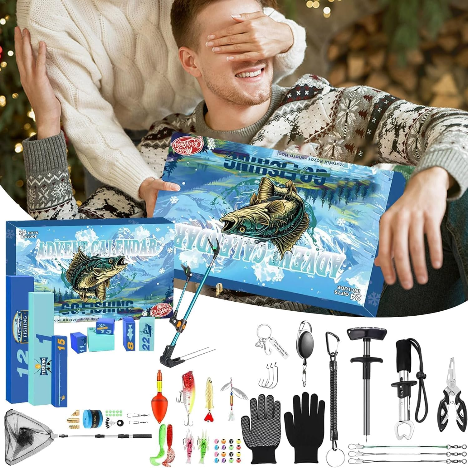Świąteczny kalendarz adwentowy, Zestaw wędkarski 24 w 1 z narzędziami i przynętami, świąteczny kalendarz odliczający czas, prezent świąteczny - 2