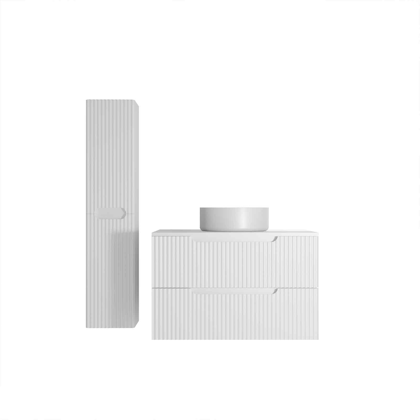 Meuble et colonne de Salle de Bains LEON 80cm Blanc Neige - Façades Ondulées - Vasque Ronde 36cm - 3