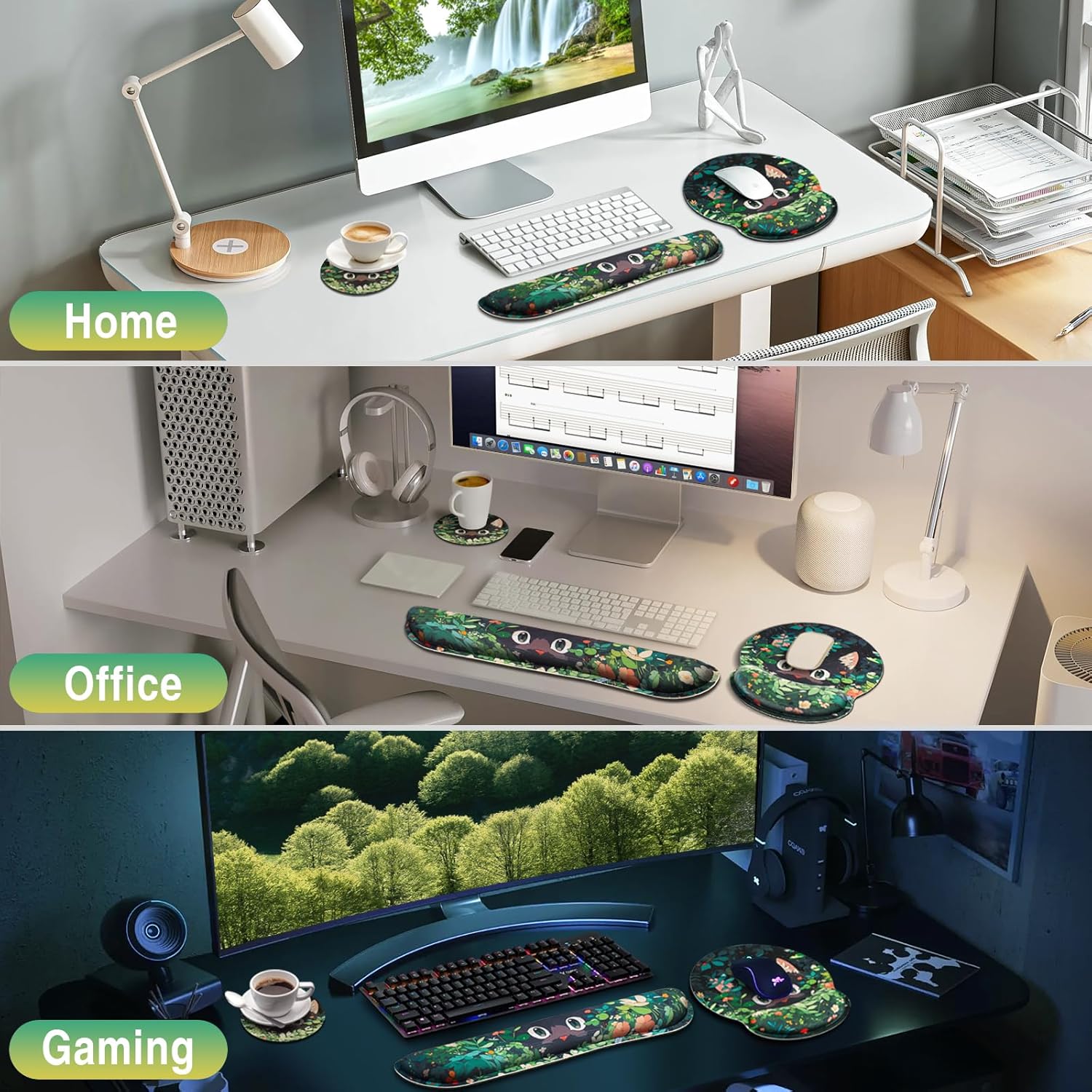 Podkładka pod mysz 3 w 1 z żelową poduszką, ergonomiczna podkładka pod nadgarstek pod klawiaturę + podkładki antypoślizgowe z pianką memory (Koty) - 5