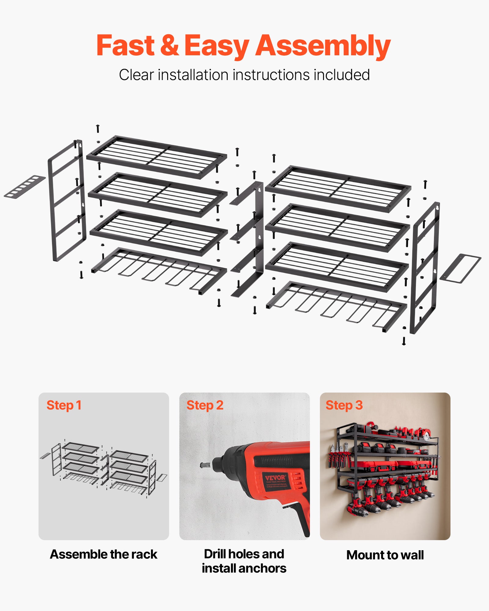Organiseur mural VEVOR pour outils électriques, support rangement à 4 niveaux avec 8 emplacements, support tournevis, pour garage, établi et atelier - 6