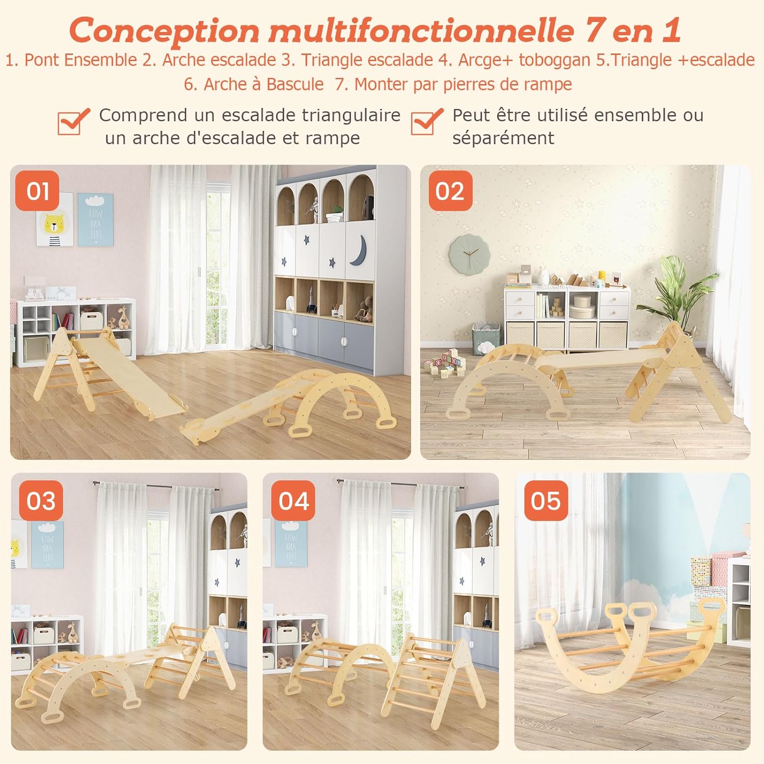 Arco Montessori a triangolo 7 in 1, arco per bambini con scivolo in legno, rampa, scala regolabile, portata 50 KG bambini da 1 anno in su, naturale - 2