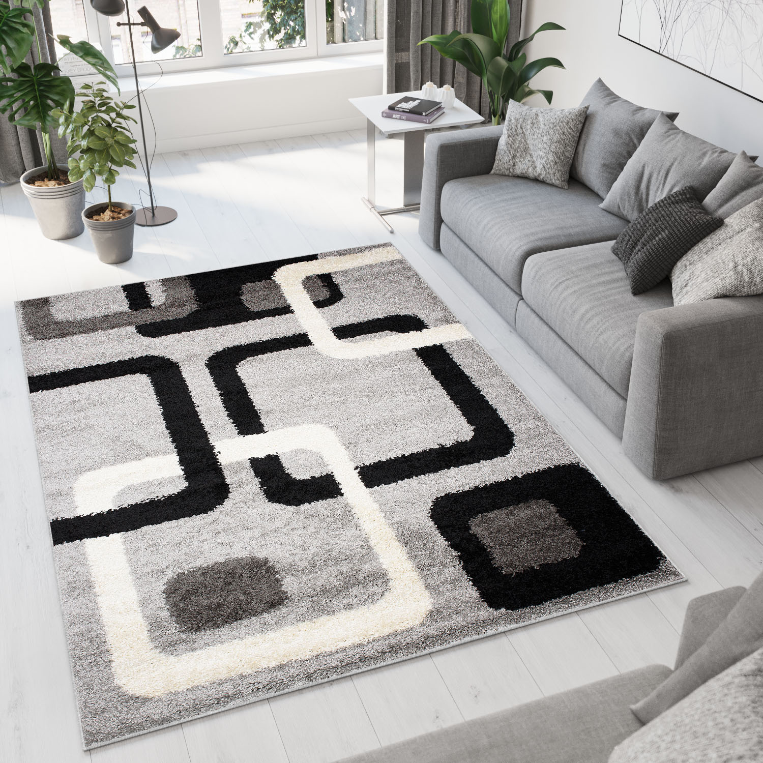 Tapiso delhi alfombra de salón habitación gris negro crema pelo largo shaggy suave 60 x 100 cm