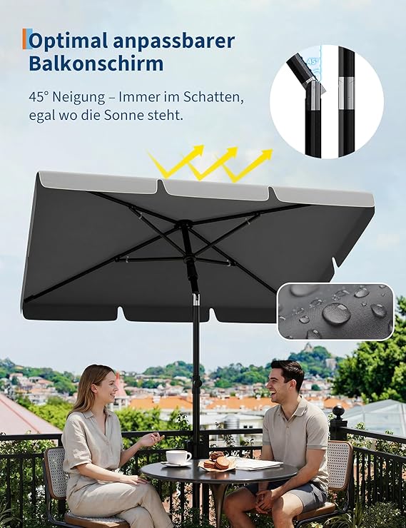 Parasol de Balcon Rectangulaire 200x125 cm, Anti-UV 50+, Inclinable et Réglable, avec Support Balustrade et Housse - 5