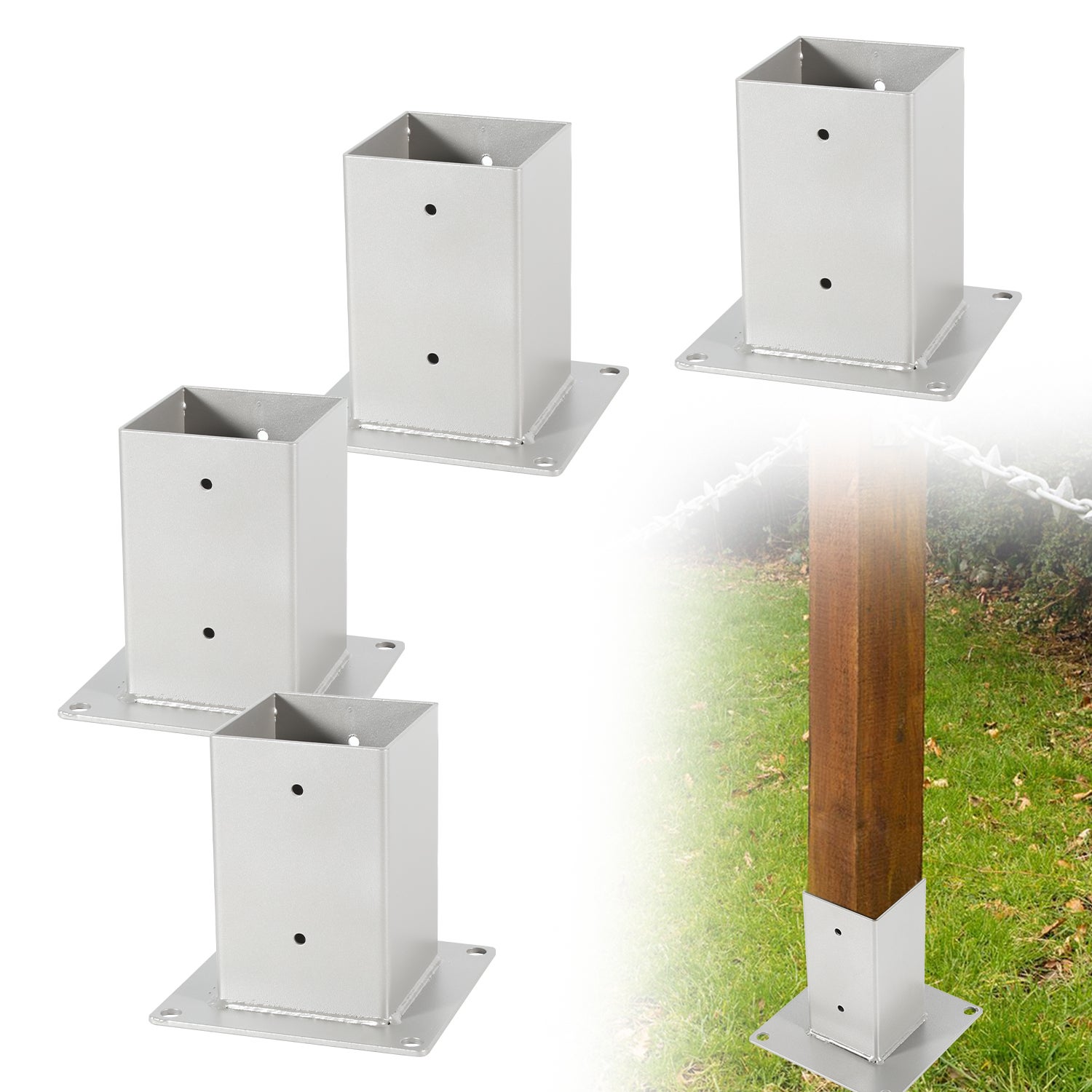 4x kwadratowe podstawy słupków, drewniane kotwy, kwadratowa metalowa podstawa kotwiąca do kwadratowych słupków do kotwienia 90x90 mm