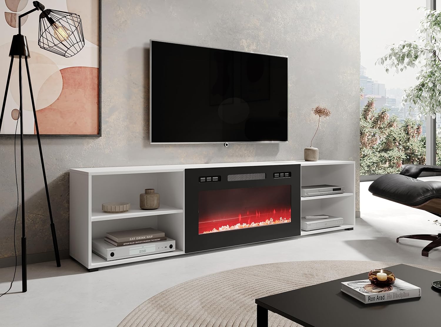 Meuble TV 200x51x33 cm blanc mat ROLLI avec cheminée intégrée noir meuble Hi-fi à susprendre ou á poser - 2