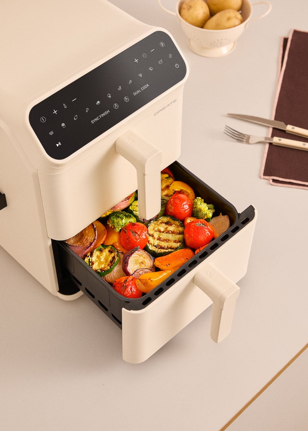 CREATE - AIR FRYER DUAL STACK - Frytkownica beztłuszczowa 11,2 L z podwójną warstwą i niezależną kontrolą - Blanc cassé - 3