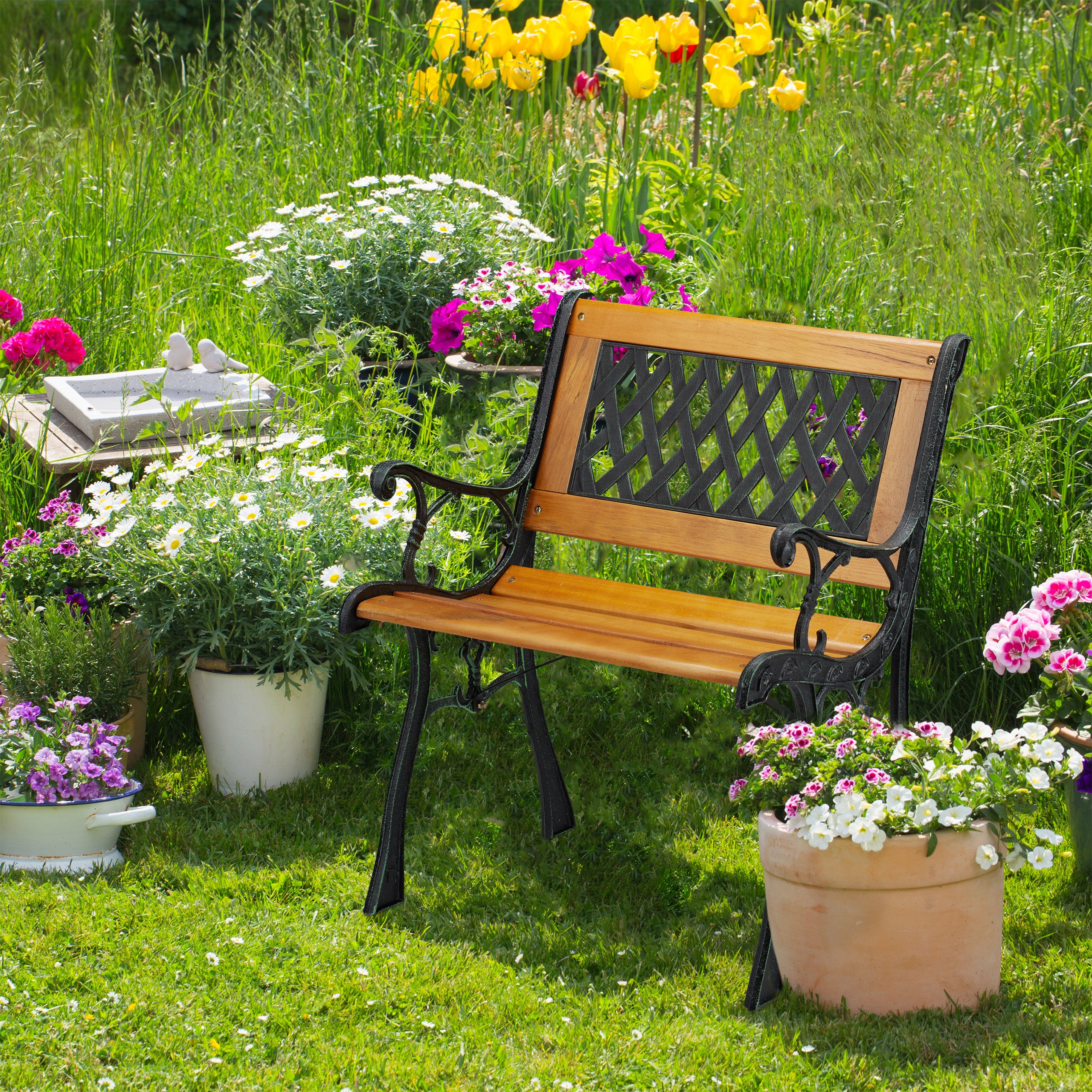 Chaise Jardin Relaxdays Vintage - Bois Et Fonte - Accoudoirs - 100kg Charge - 73x62x52.5cm