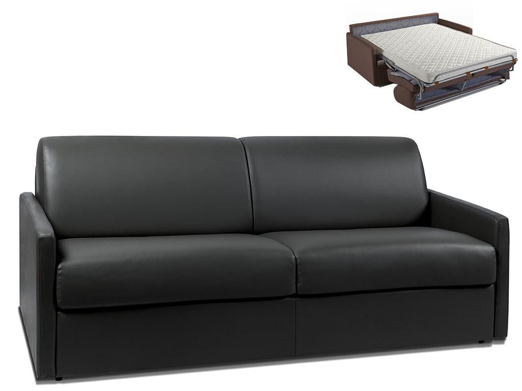 Kanapa 4-osobowa z ekspresowym mechanizmem rozkładania z ekoskóry CALIFE - Kolor: czarny - Wymiary miejsca do spania: 160 cm - Materac 14 cm