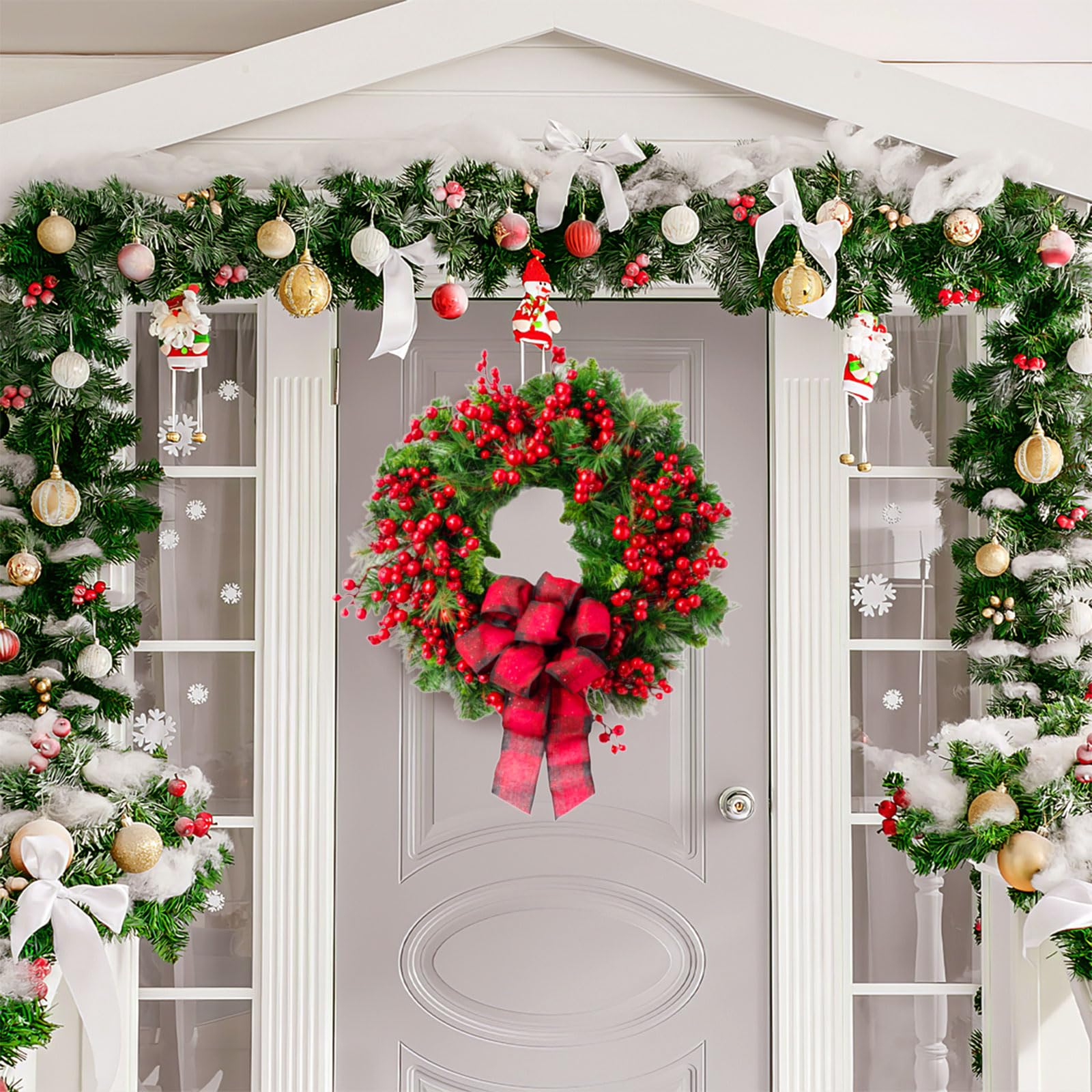 Ghirlanda natalizia decorativa, ghirlanda invernale con fiocco rosso a scacchi e bacche, ghirlanda per porte, decorazione natalizia per interni - 45cm - 5