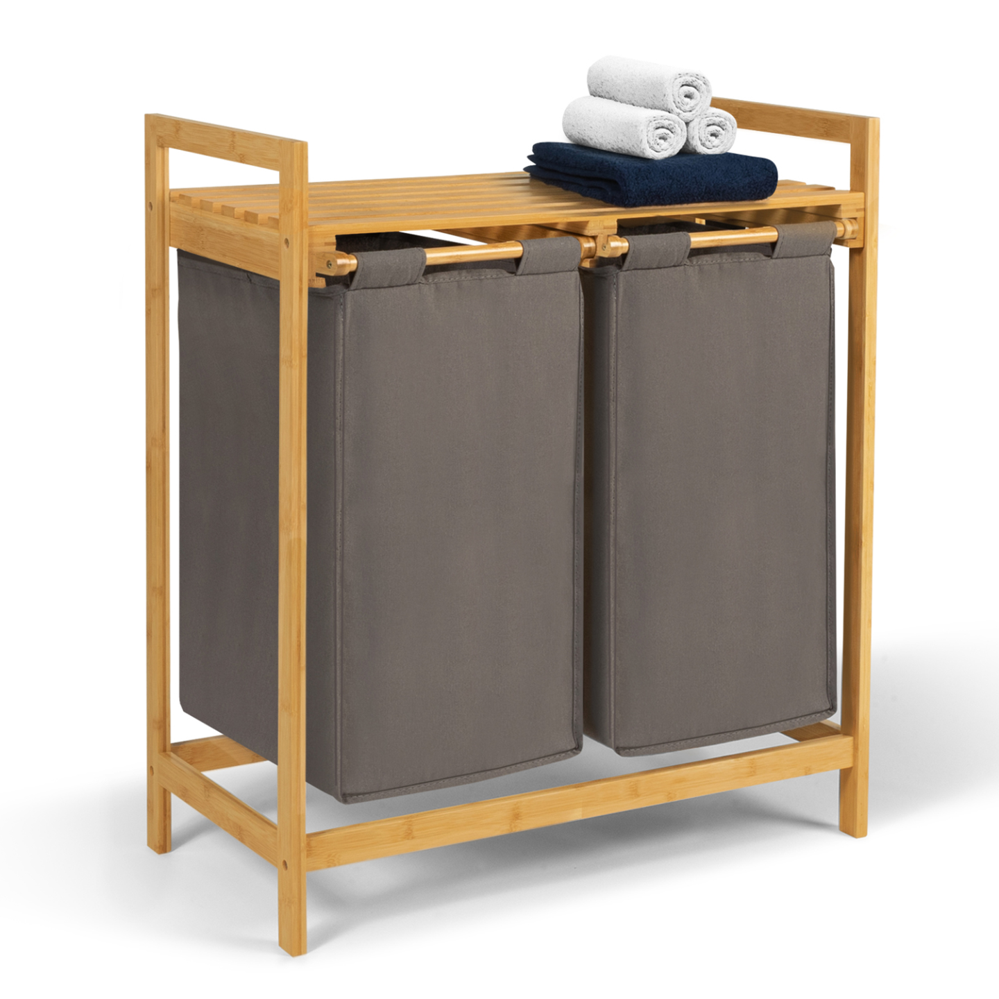 Panier à linge 2 bacs bambou BEA tissu gris foncé - 2