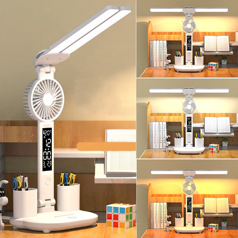 Regulowana lampa LED podwójną głowicą Kombinacja zegara wentylatora Biały Ciepły Neutralny Zimny Ściemniacz dotykowy Elastyczny kąt Model podłączany