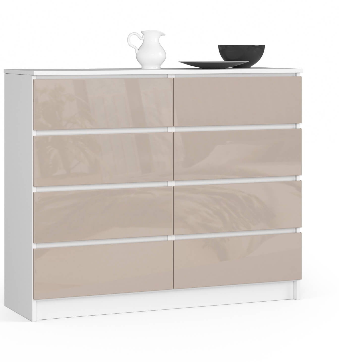 Komoda: 8 szuflad, biała | cappuccino sparkle, 120 x 99 x 40 cm