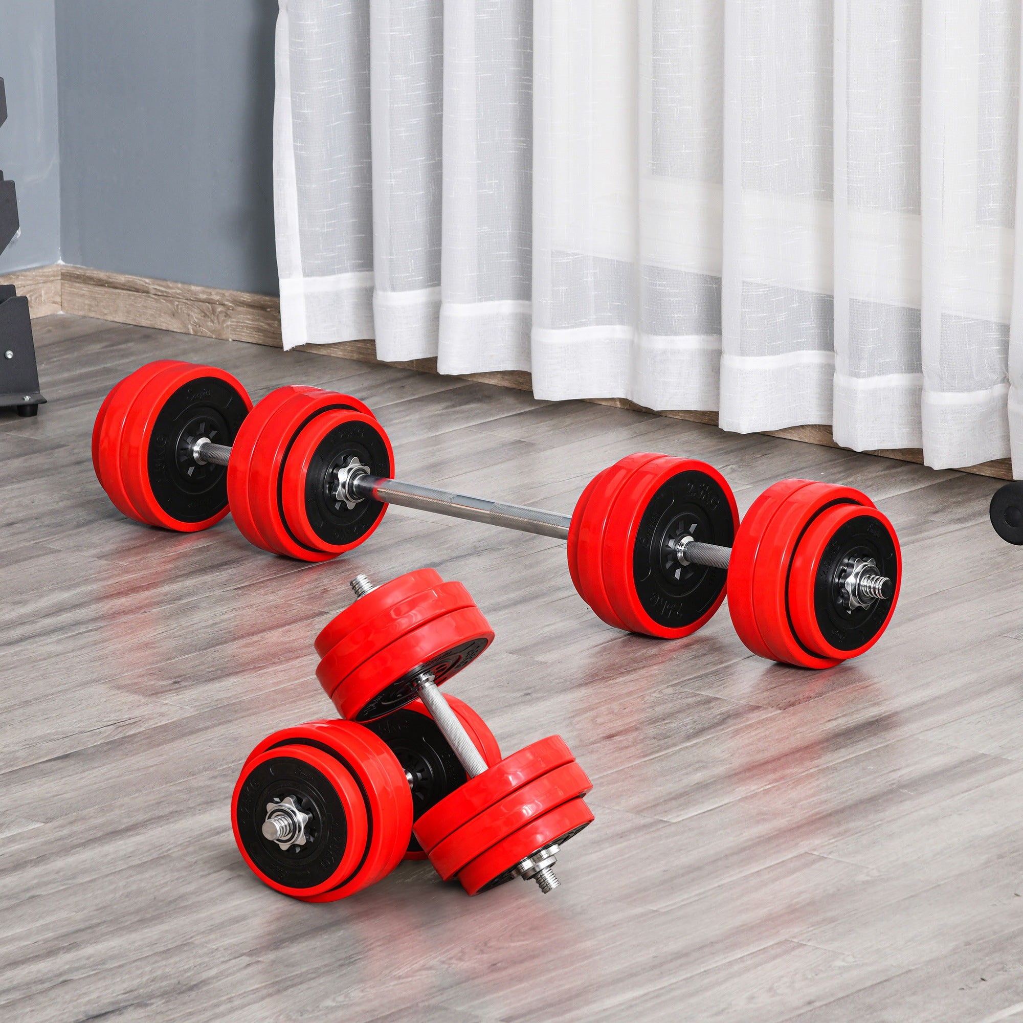 Conjunto de halteres 30kg ajustáveis 2 em 1 com barras e extensor para treinamento de força levantamento de pesos para casa academia preto e vermelho - 5
