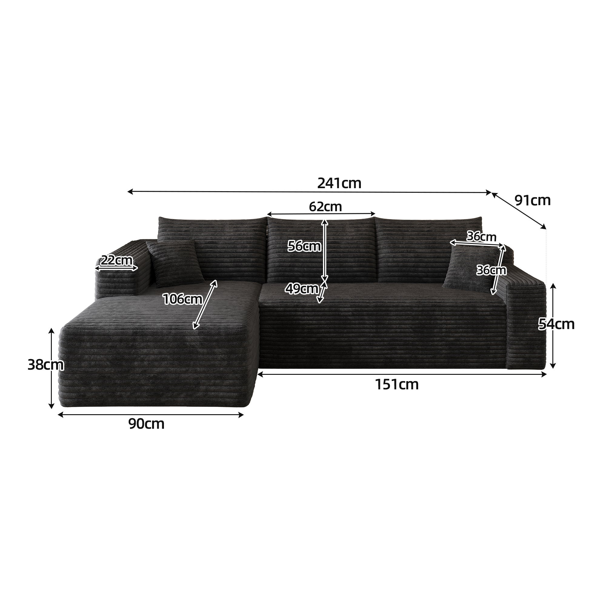 Canapé d'angle Cloud 241 cm en velours côtelé noir assise profonde méridienne confortable sans montage salon moderne minimaliste - 4
