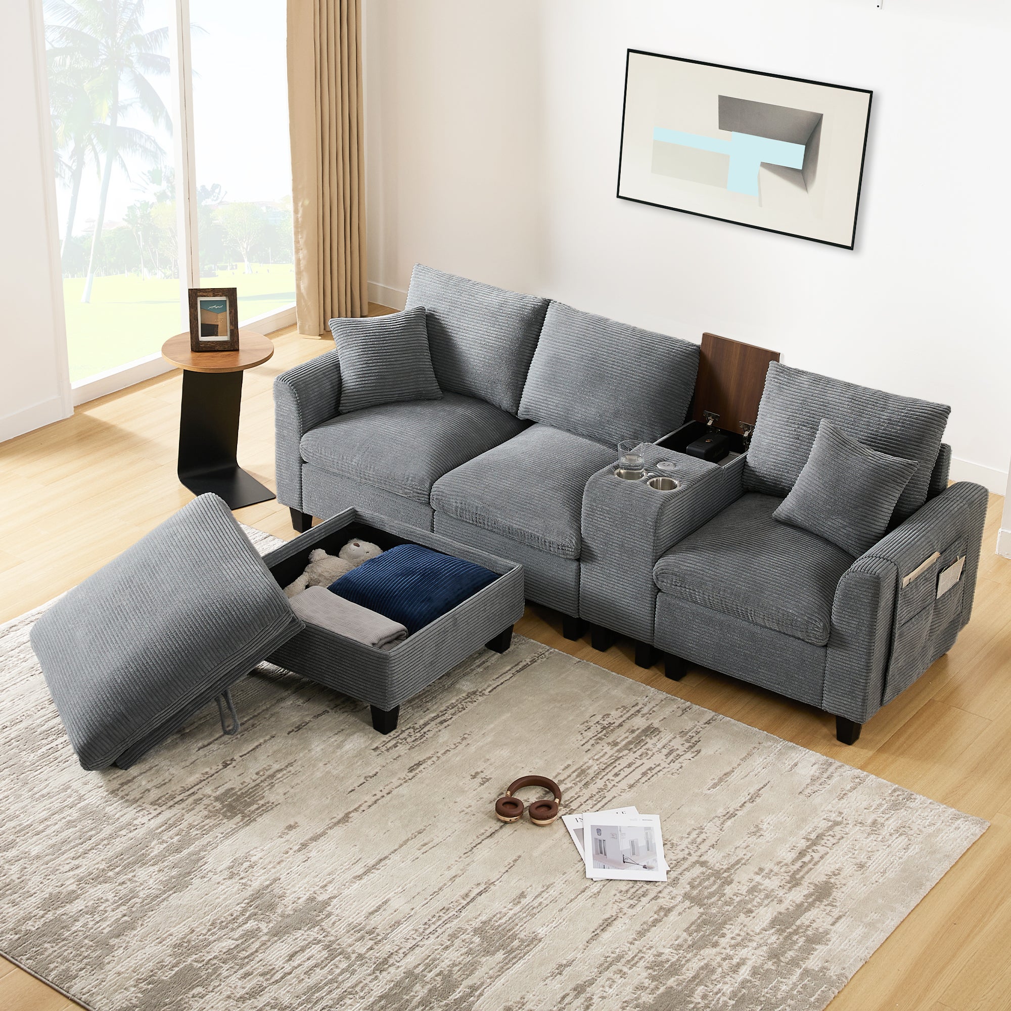 Canapé moderne - avec console - 2 porte-gobelets - port de chargement USB - poches de rangement sur les accoudoirs - avec coussins - gris - 7