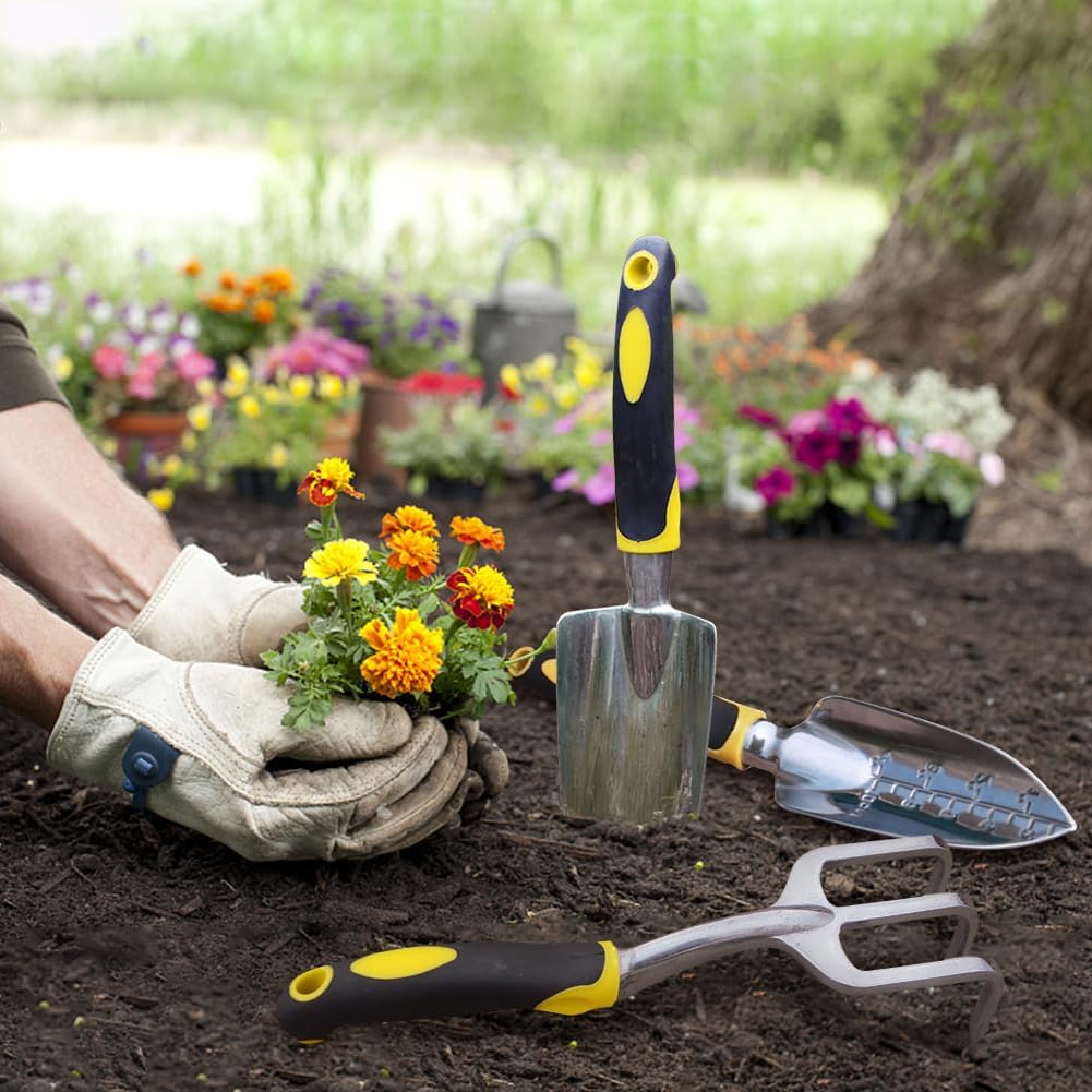 Zestaw attrezzi da giardino z aluminium da 3 pezzi: rastrello, pala, vanga, cazzuola e pala a punta larga con manici antiscivolo (giallo*1） - 4