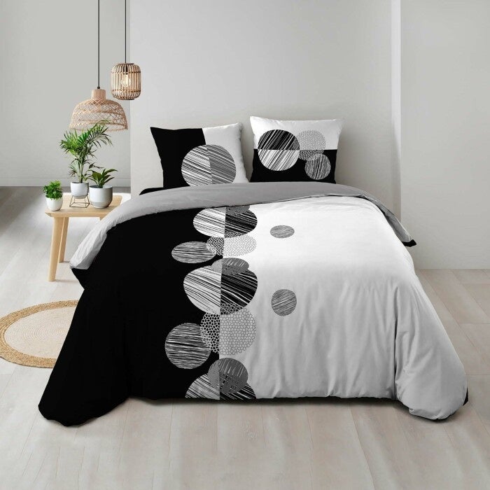 Housse de Couette 240 x 220 cm + 2 Taies – 100 % Coton 57 Fils – Stormi Noir & Blanc - 3