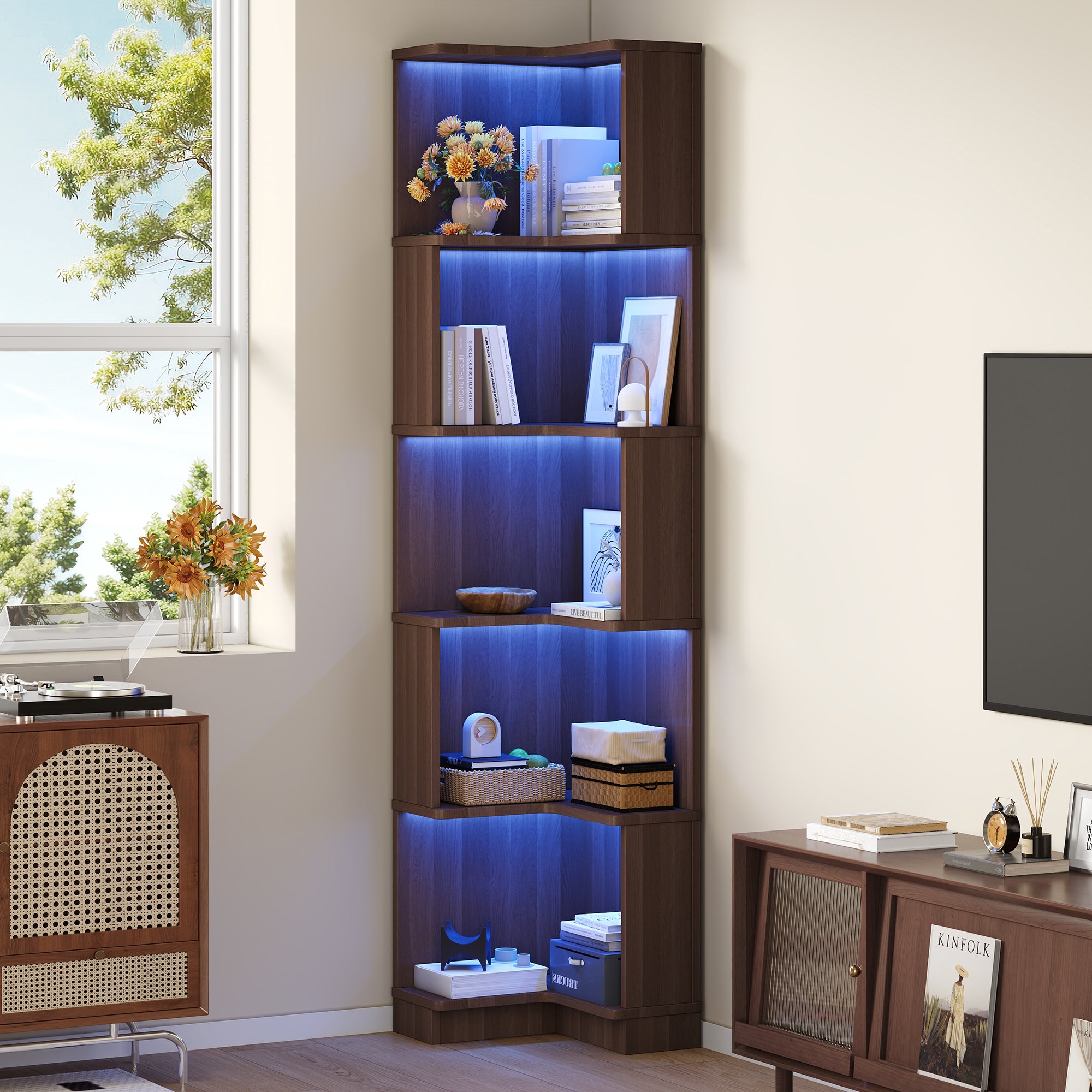 Libreria angolare con 5 ripiani - 63,5 x 45 x 175 cm - MDF - LED cambia colore - Marrone - 4