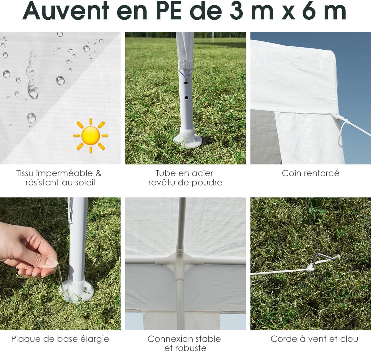 Tonnelle Pliante de Jardin Terrasse 18m², Barnum 6 x 3 M Protection Solaire, Tente de Réception Extérieure, 6 Cordes &12 Piquets, Blanc - 5