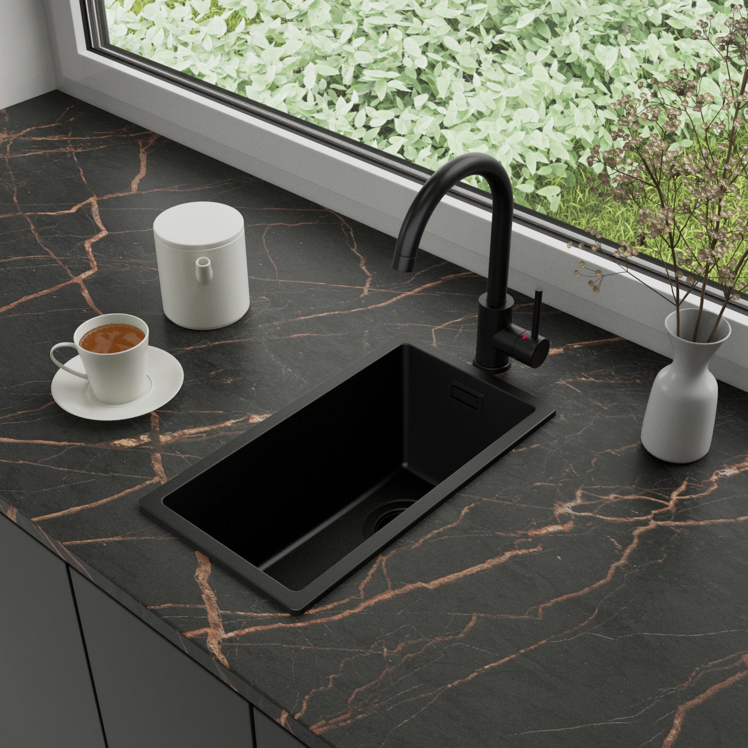 Zlewozmywak Granitowy 26x47cm, do szafki od 30cm + Bateria + Syfon - Agate Cały Czarny STONESTYLE
