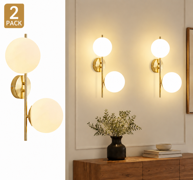 ZMH Confezione da 2 Lampada da Parete Vintage con Sfera in Vetro E27 D'oro 2 Luci per Corridoio Camera Ingresso Senza Lampadina
