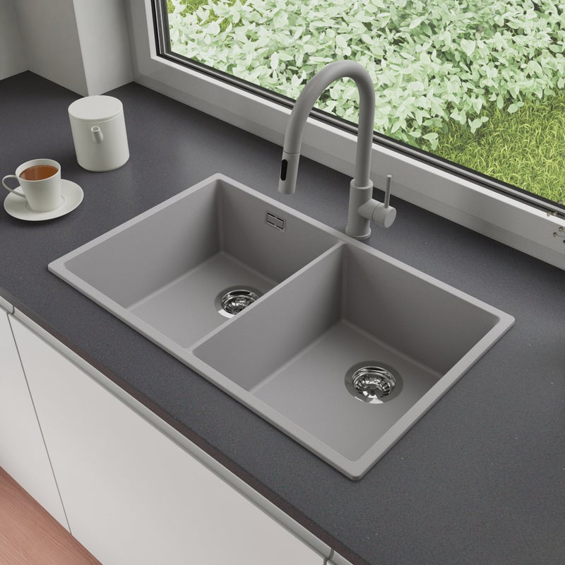 Zlewozmywak Granitowy 76x47cm, do szafki od 80cm + Bateria + Syfon - Agate Szary STONESTYLE