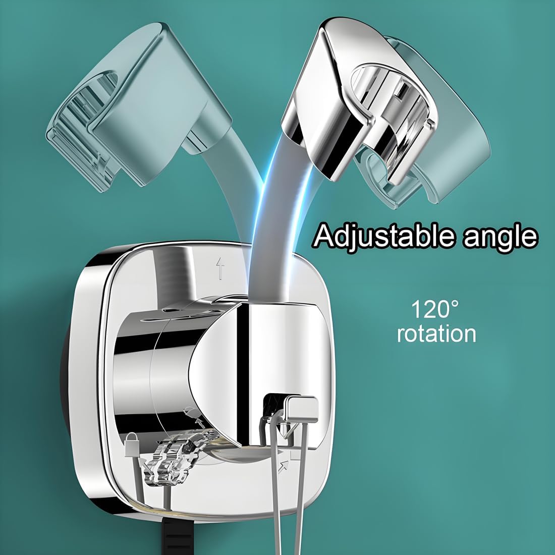 Support Pommeau de Douche à Ventouse - Bras Flexible 120°, Fixation Murale Sans Perçage avec Crochet - Universel & Repositionnable, Argent - 4